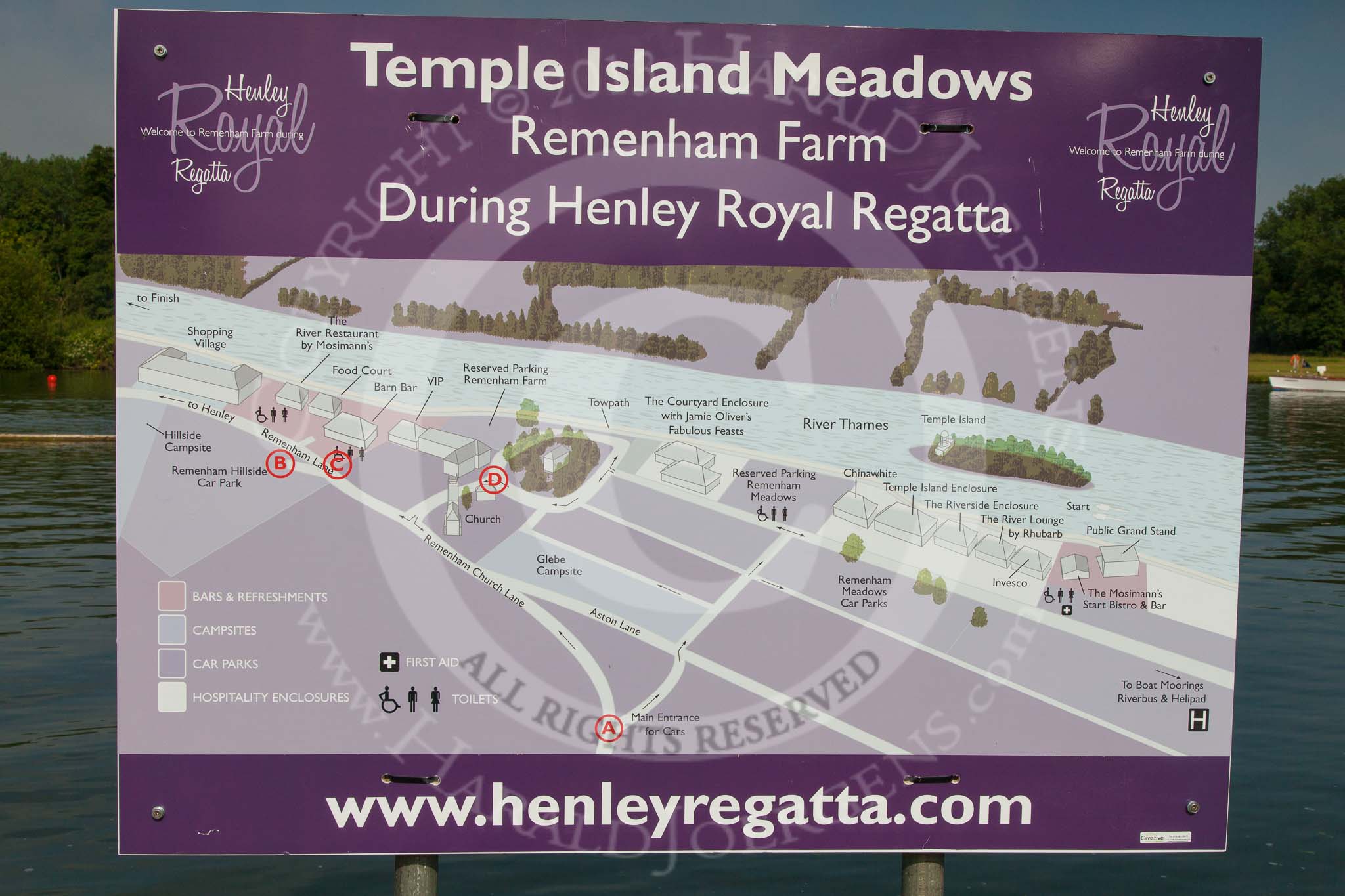 Henley Royal Regatta 2013, Saturday: Map of Temple Island Meadows and Remenham Farm during the Henley Royal Regatta. The camera position for almost all Saturday photos is left to "Chinawhite" on the map. Image #56, 06 July 2013 09:24 River Thames, Henley on Thames, UK