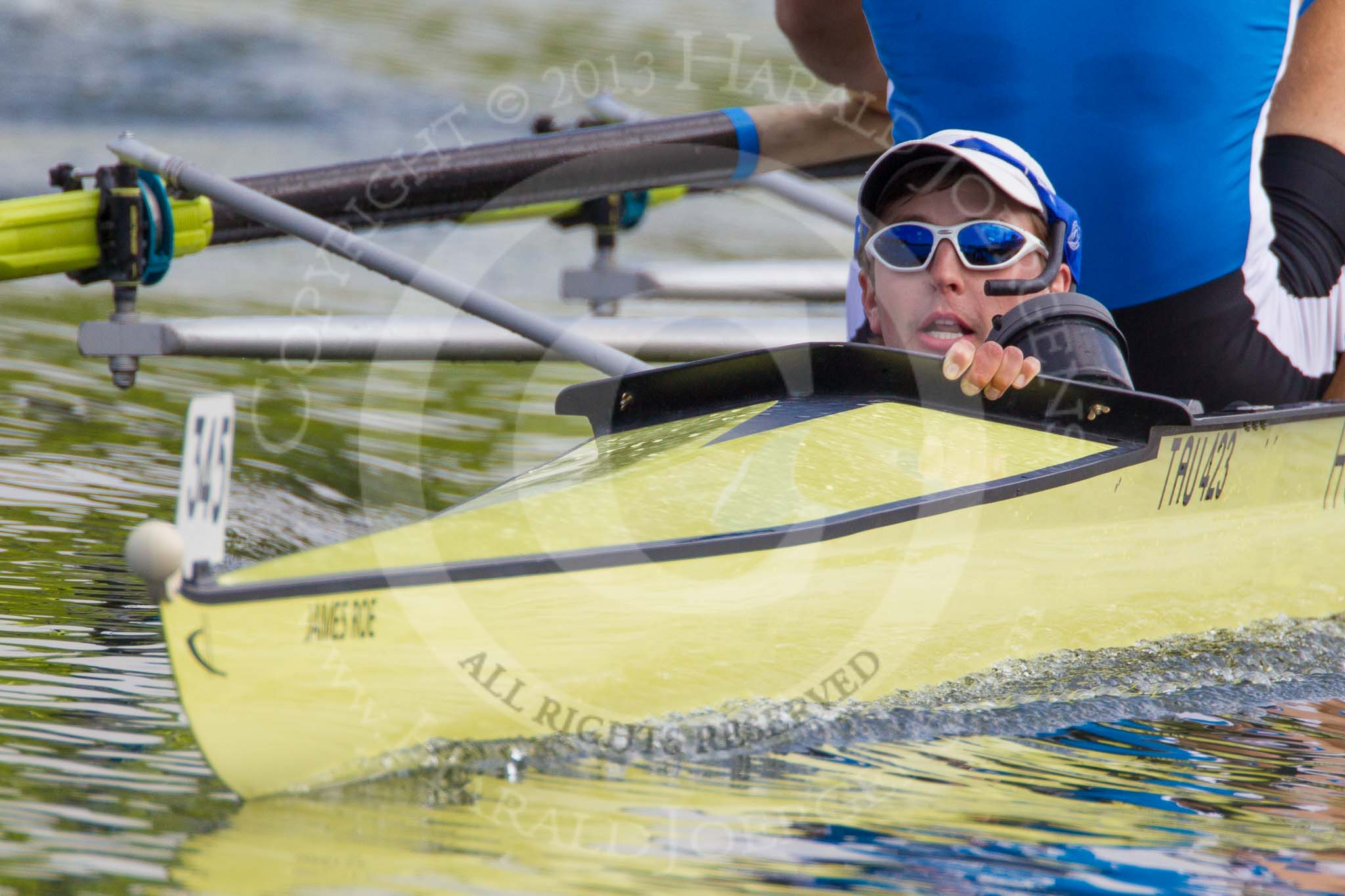 Henley Royal Regatta 2013, Saturday: The first of the Saturday races. For the Britannia Challenge Cup - RTHC Bayer Leverkusen, Germany, v Taurus Boat Club 'A', here cox J. L. Carlson in the Taurus boat. Image #66, 06 July 2013 10:00 River Thames, Henley on Thames, UK