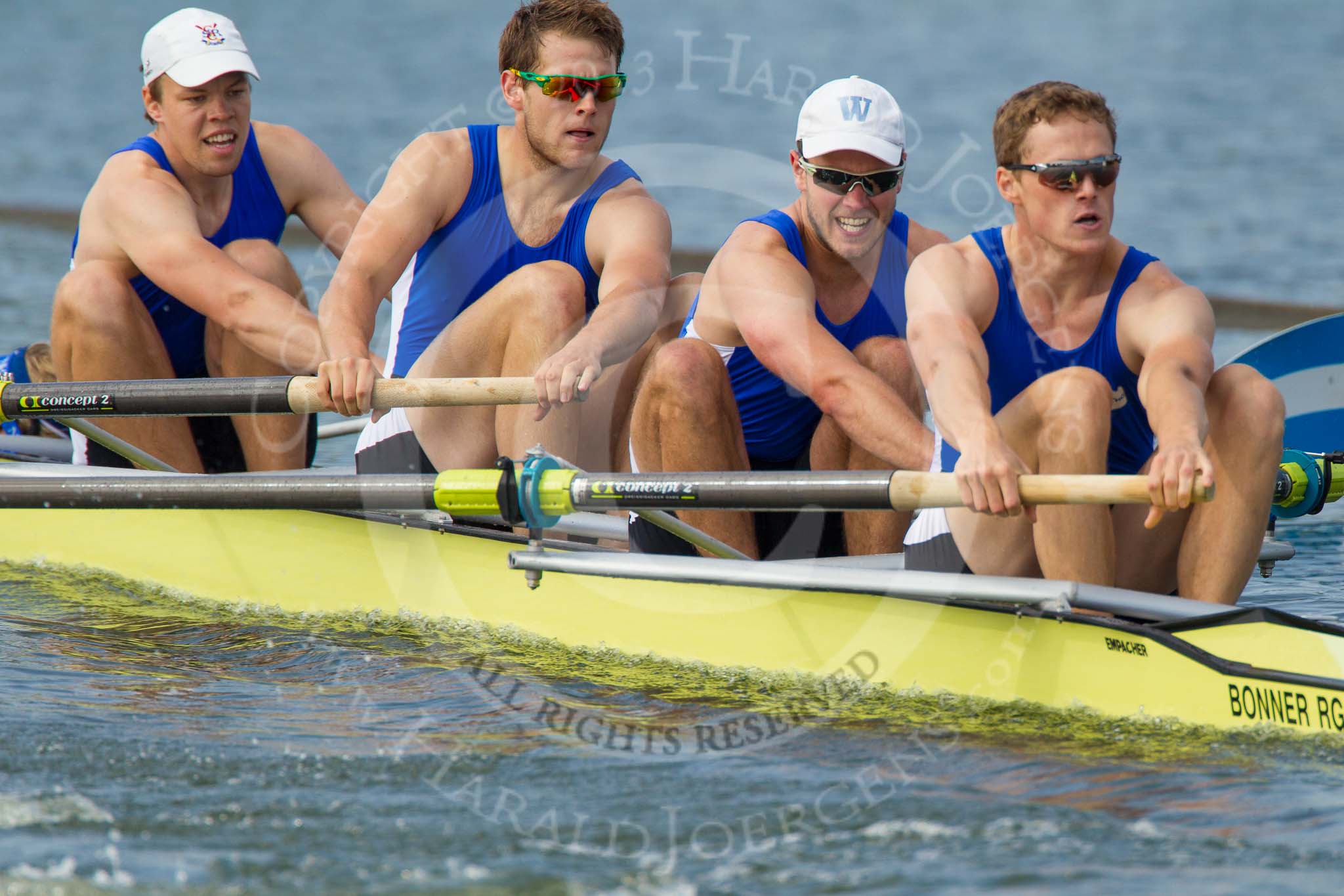 Henley Royal Regatta 2013, Saturday: The first of the Saturday races. For the Britannia Challenge Cup - RTHC Bayer Leverkusen, Germany, with D.  Hartung, D. Imort, F. Weiler, F. Krane, Germany v Taurus Boat Club 'A'. Image #70, 06 July 2013 10:00 River Thames, Henley on Thames, UK