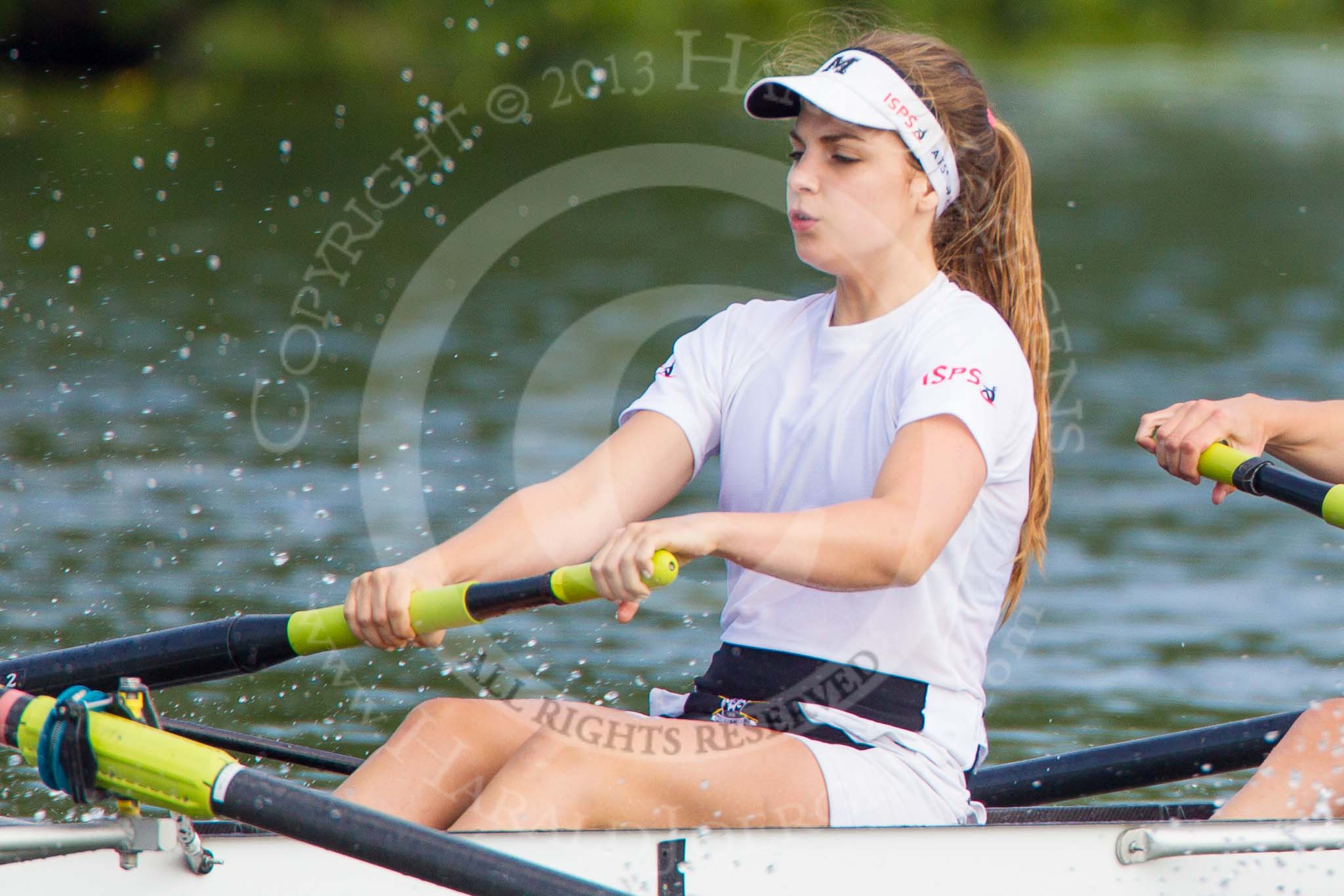 Henley Royal Regatta 2013, Saturday: On the way to the start for a Remenham Challenge Cup Race: Boat 164, Molesey Boat Club, here, in the 3 seat, L. K. Cocks. Image #79, 06 July 2013 10:06 River Thames, Henley on Thames, UK