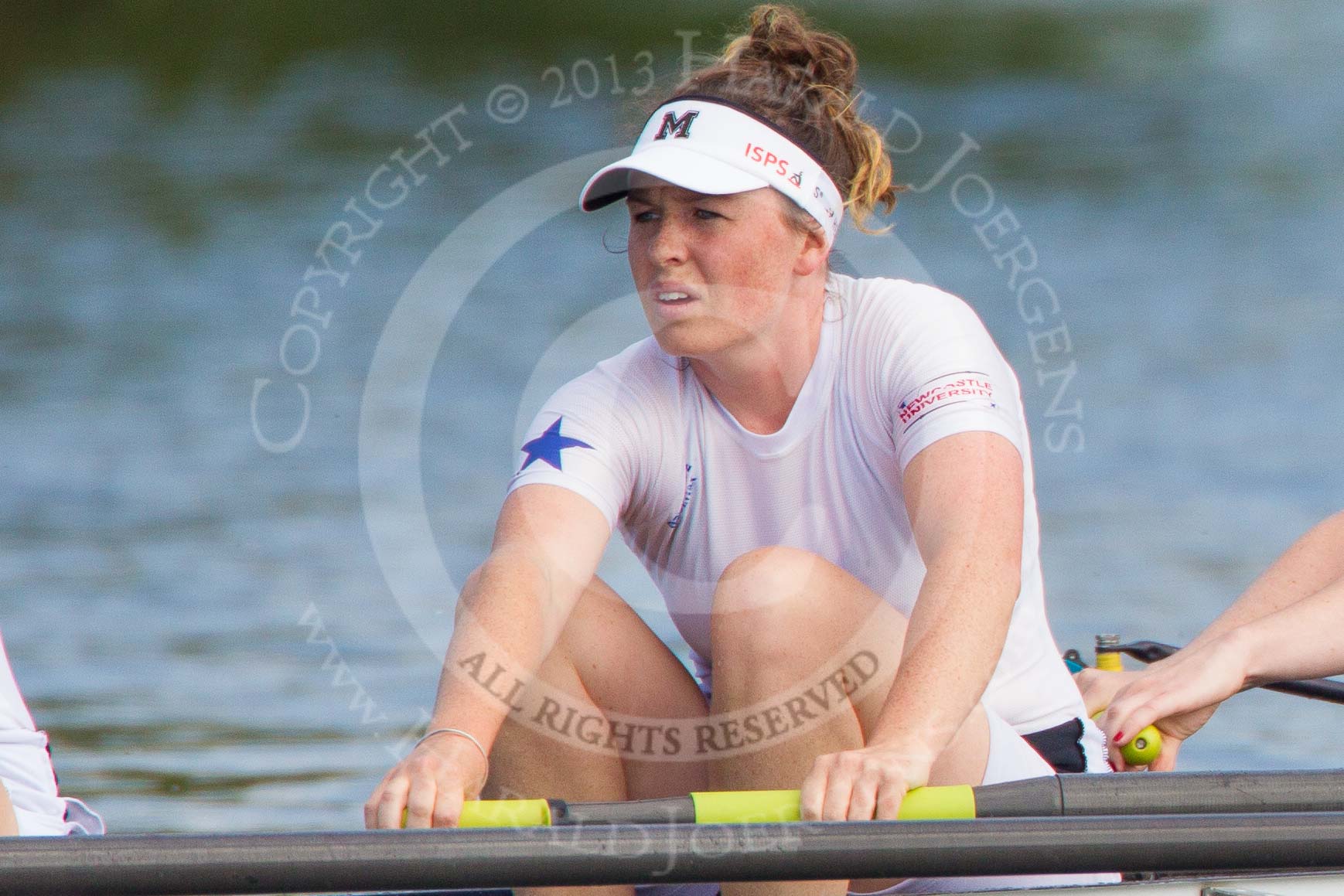 Henley Royal Regatta 2013, Saturday: On the way to the start for a Remenham Challenge Cup Race: Boat 164, Molesey Boat Club, here, in the 6 seat, A. E. Johnston. Image #82, 06 July 2013 10:06 River Thames, Henley on Thames, UK