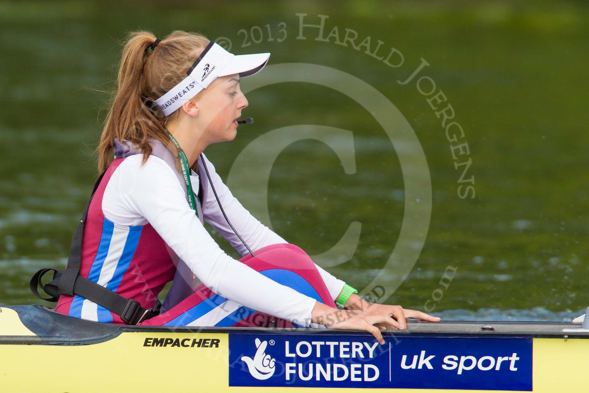 Henley Royal Regatta 2013, Saturday: On the way to the start for a Remenham Challenge Cup Race: Boat 169, Tees Rowing Club and Agecroft Rowing Club, here cox M. E. Baynham-Williams. Image #85, 06 July 2013 10:07 River Thames, Henley on Thames, UK