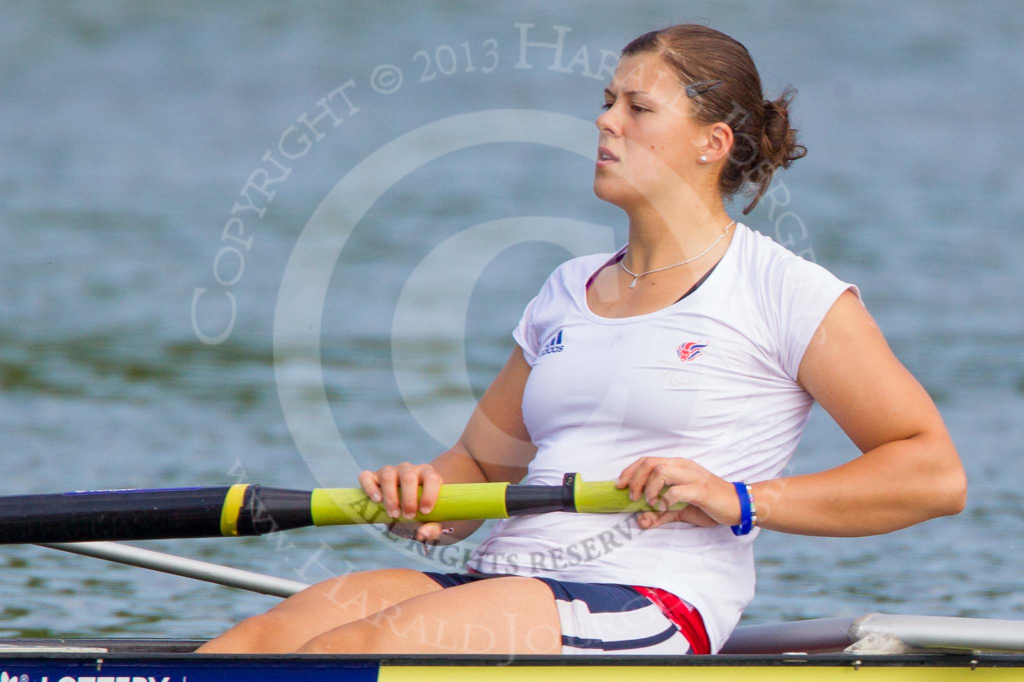 Henley Royal Regatta 2013, Saturday: On the way to the start for a Remenham Challenge Cup Race: Boat 169, Tees Rowing Club and Agecroft Rowing Club, here, in the 2 seat, R. L. Chin. Image #87, 06 July 2013 10:08 River Thames, Henley on Thames, UK