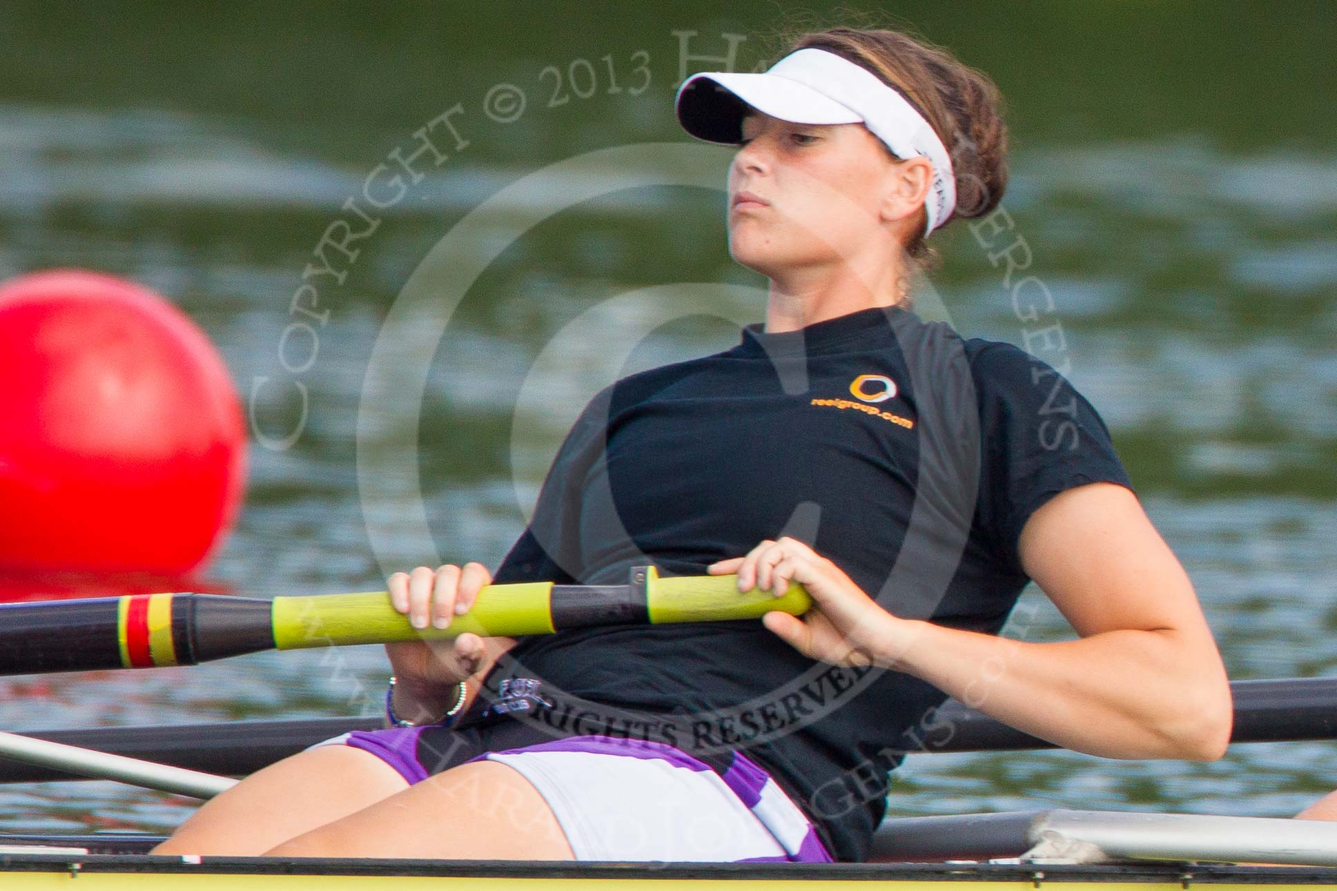 Henley Royal Regatta 2013, Saturday: On the way to the start for a Remenham Challenge Cup Race: Boat 169, Tees Rowing Club and Agecroft Rowing Club, here, in the 4 seat, I. Riley. Image #89, 06 July 2013 10:08 River Thames, Henley on Thames, UK