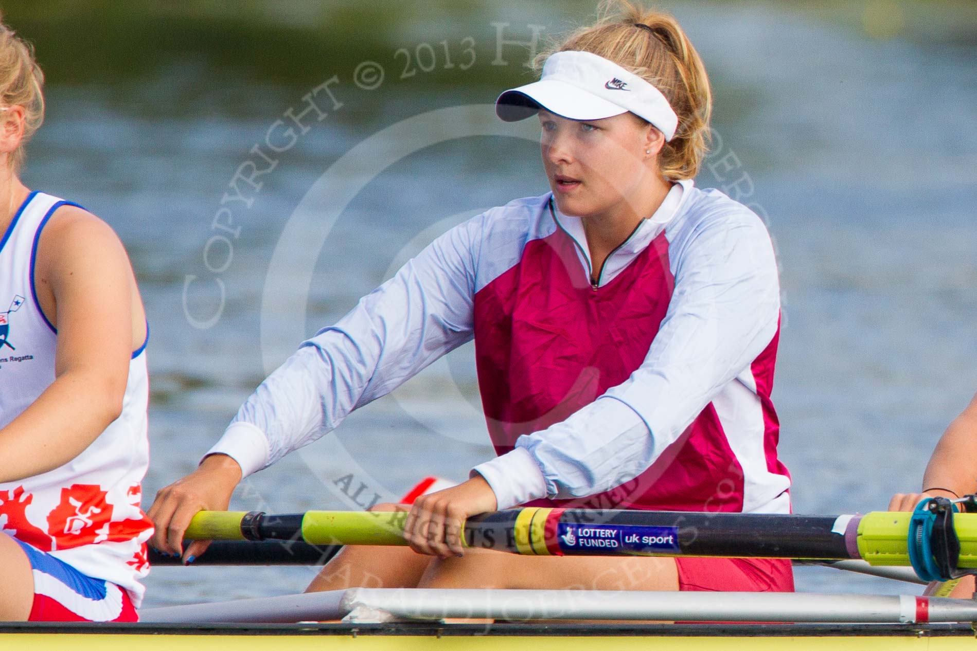 Henley Royal Regatta 2013, Saturday: On the way to the start for a Remenham Challenge Cup Race: Boat 169, Tees Rowing Club and Agecroft Rowing Club, here, in the 7 seat, B. R. Byran. Image #92, 06 July 2013 10:08 River Thames, Henley on Thames, UK