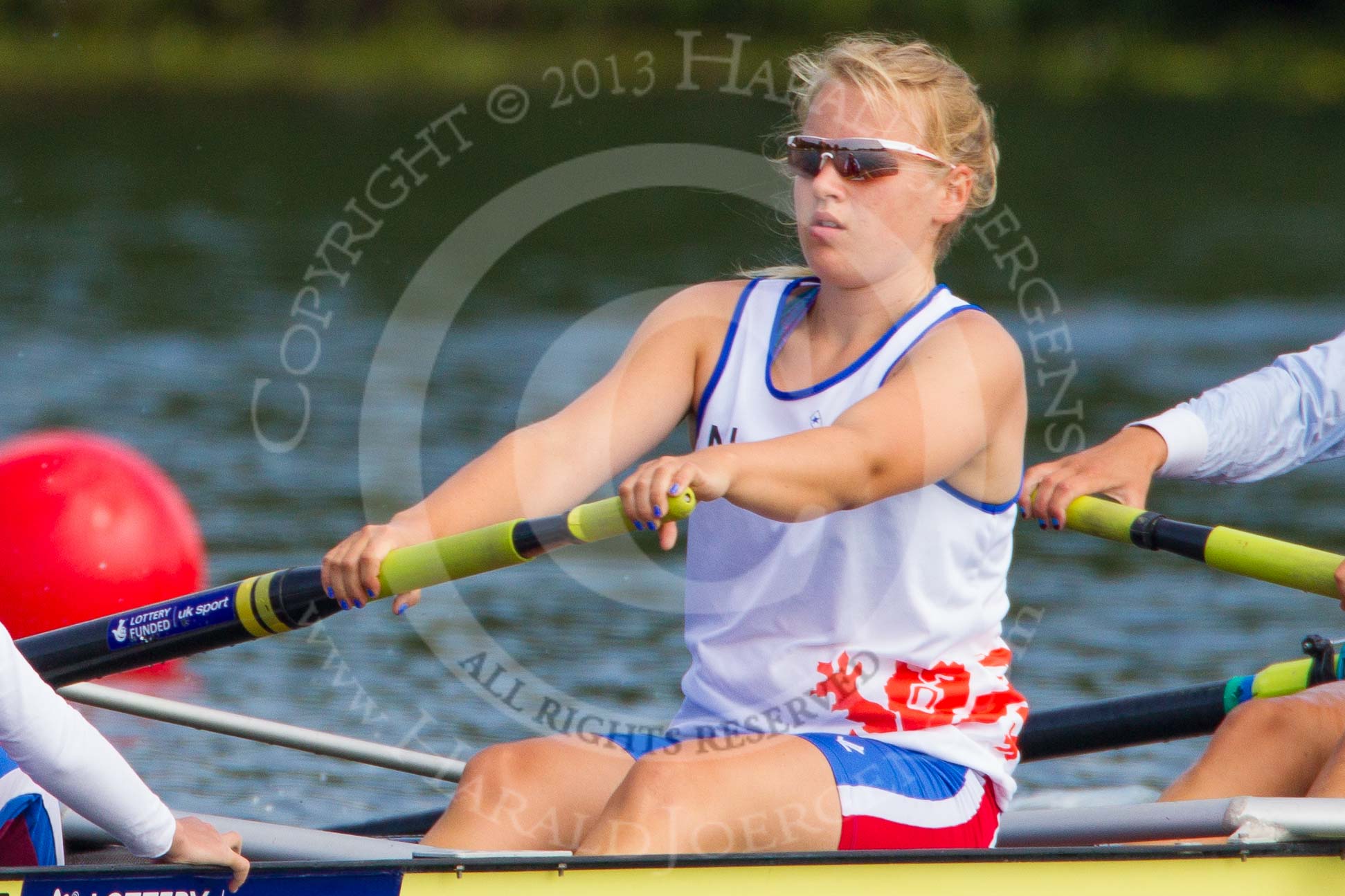 Henley Royal Regatta 2013, Saturday: On the way to the start for a Remenham Challenge Cup Race: Boat 169, Tees Rowing Club and Agecroft Rowing Club, here stroke N. F. Lamb. Image #93, 06 July 2013 10:08 River Thames, Henley on Thames, UK