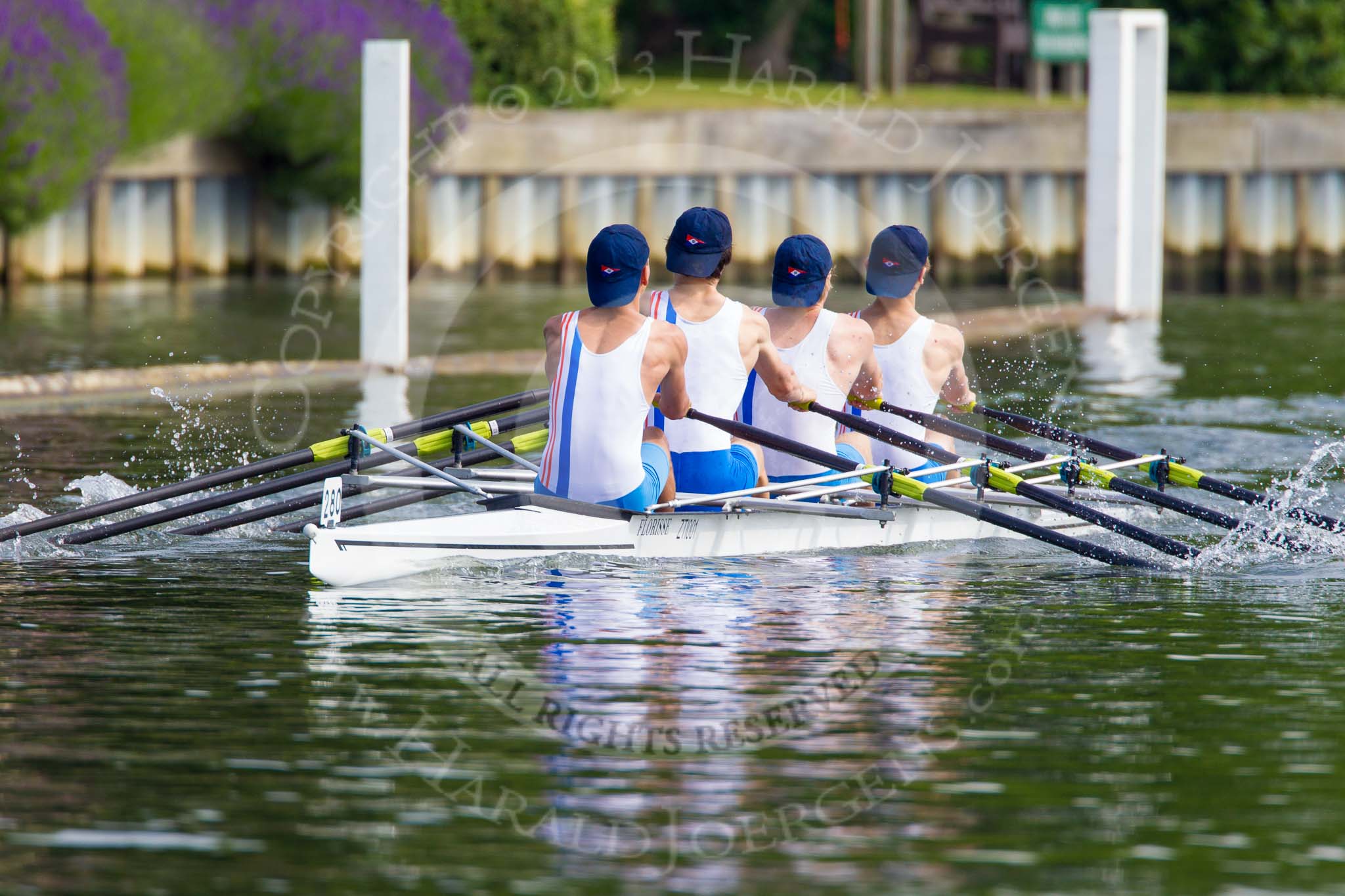 Henley Royal Regatta 2013, Saturday: The Saturday race No. 2, the Fawley Challenge Cup, in this photo Hilversumse Roeivereninging Cornelis Tromp, Holland, and Sir William Borlase's Grammar School. Image #97, 06 July 2013 10:10 River Thames, Henley on Thames, UK