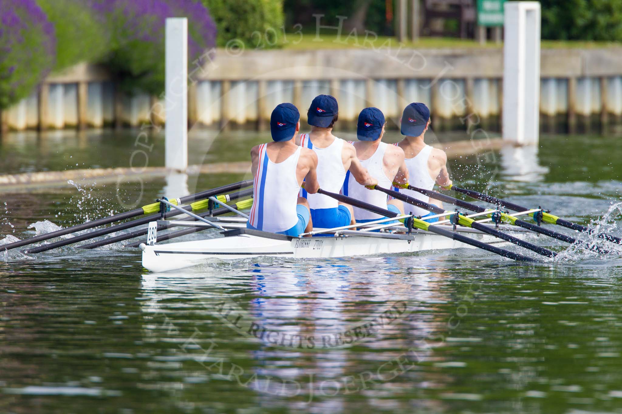 Henley Royal Regatta 2013, Saturday: The Saturday race No. 2, the Fawley Challenge Cup, in this photo Hilversumse Roeivereninging Cornelis Tromp, Holland, and Sir William Borlase's Grammar School. Image #98, 06 July 2013 10:10 River Thames, Henley on Thames, UK