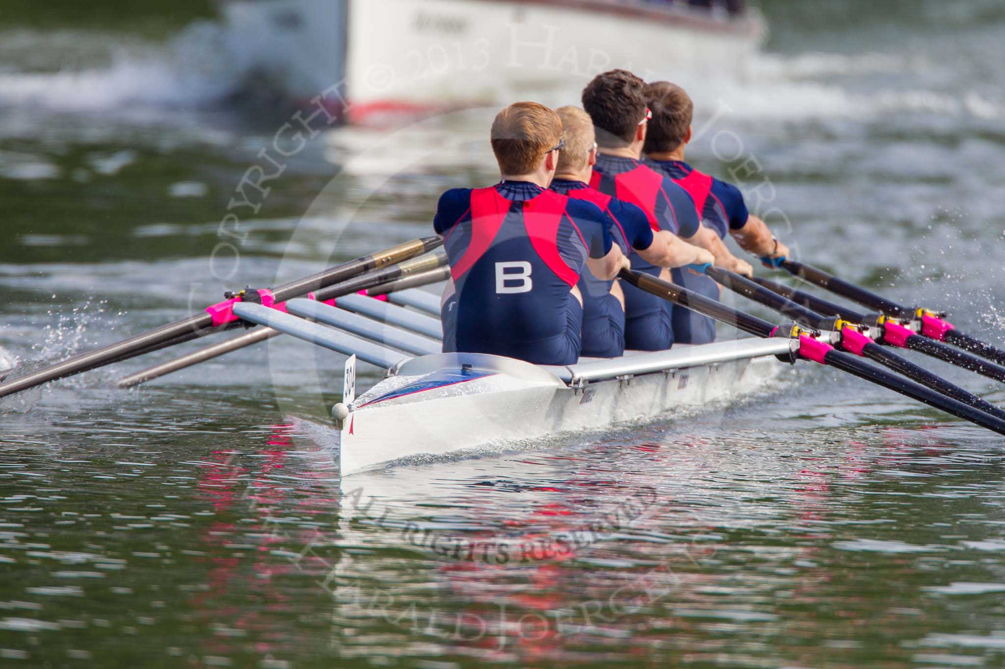 Henley Royal Regatta 2013, Saturday: The Saturday race No. 2, the Fawley Challenge Cup, Hilversumse Roeivereninging Cornelis Tromp, Holland, and, in this photo, Sir William Borlase's Grammar School. Image #99, 06 July 2013 10:10 River Thames, Henley on Thames, UK