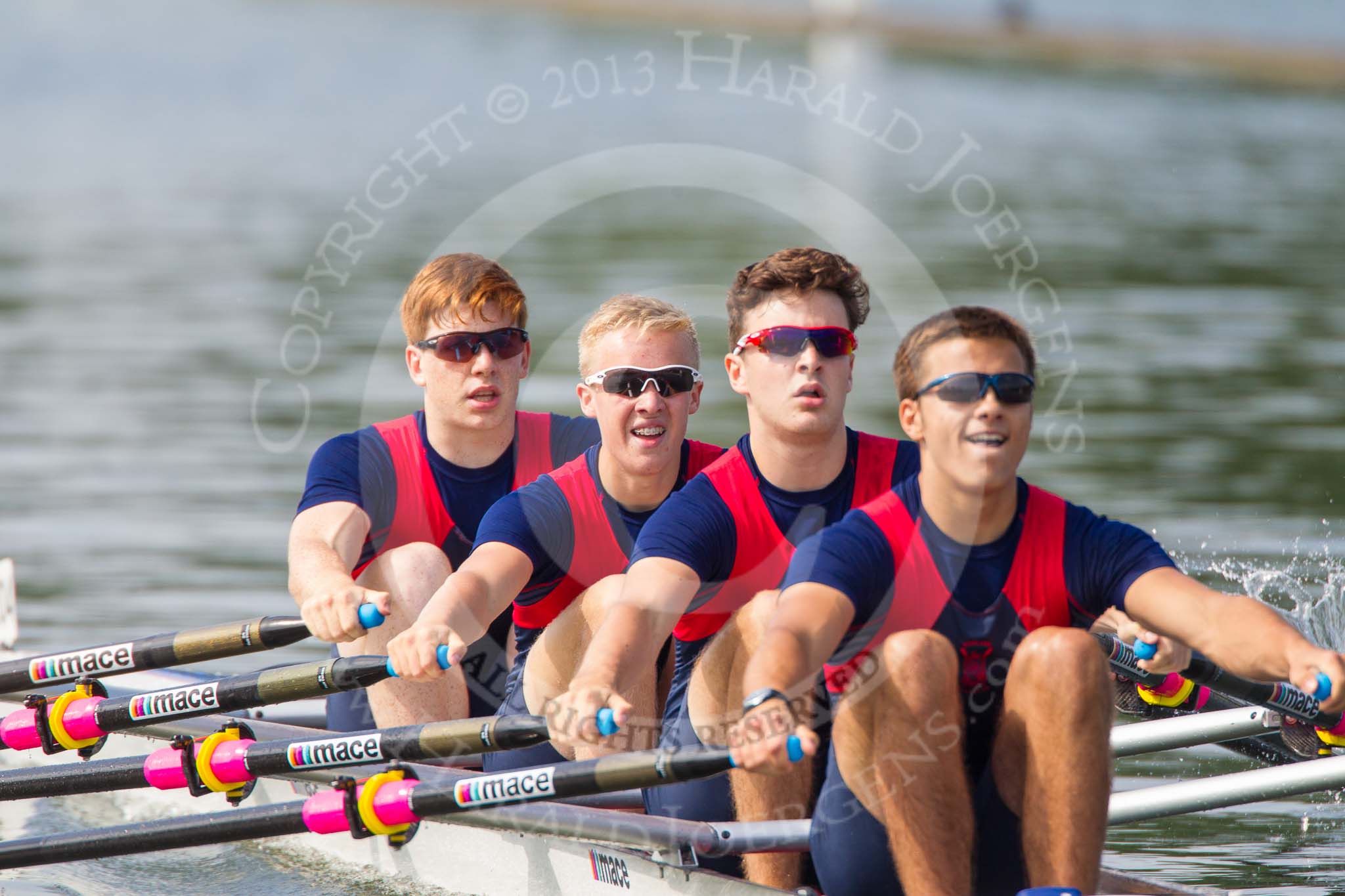 Henley Royal Regatta 2013, Saturday: The Saturday race No. 2, the Fawley Challenge Cup, Hilversumse Roeivereninging Cornelis Tromp, Holland, and, in this photo, Sir William Borlase's Grammar School: Bow Shimmin, 2 Coussens, 3 Biggs, stroke Lawrie. Image #102, 06 July 2013 10:11 River Thames, Henley on Thames, UK