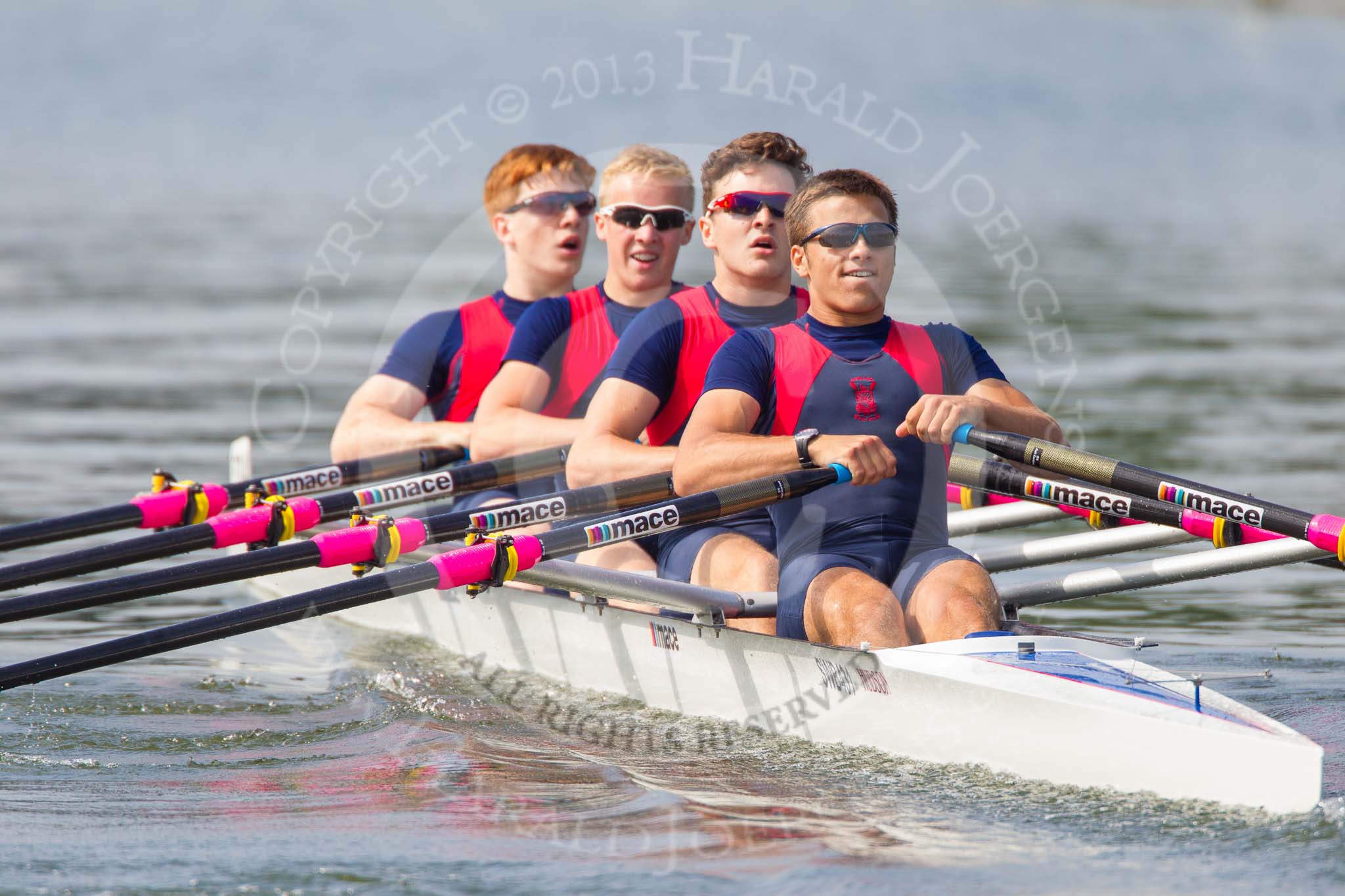 Henley Royal Regatta 2013, Saturday: The Saturday race No. 2, the Fawley Challenge Cup, Hilversumse Roeivereninging Cornelis Tromp, Holland, and, in this photo, Sir William Borlase's Grammar School: Bow Shimmin, 2 Coussens, 3 Biggs, stroke Lawrie. Image #103, 06 July 2013 10:11 River Thames, Henley on Thames, UK