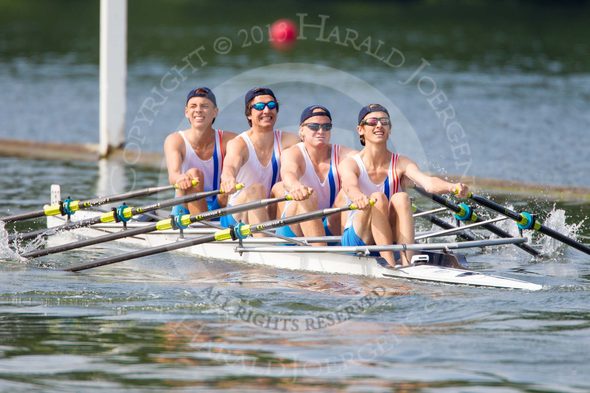 Henley Royal Regatta 2013, Saturday: The Saturday race No. 2, the Fawley Challenge Cup, in this photo Hilversumse Roeivereninging Cornelis Tromp, Holland, and Sir William Borlase's Grammar School. Image #105, 06 July 2013 10:11 River Thames, Henley on Thames, UK