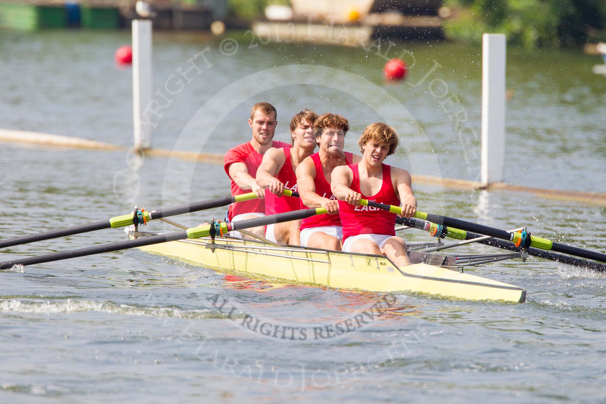 Henley Royal Regatta 2013, Saturday: Race No. 3 for the Prince Albert Challenge Cup, Delftsche Studenten Roeivereeniging Laga, Holland (S. Drenth, O. W. M. Thijssens, T. N. Versloot, and M. B. Buller) v Isis Boat Club. Image #119, 06 July 2013 10:22 River Thames, Henley on Thames, UK