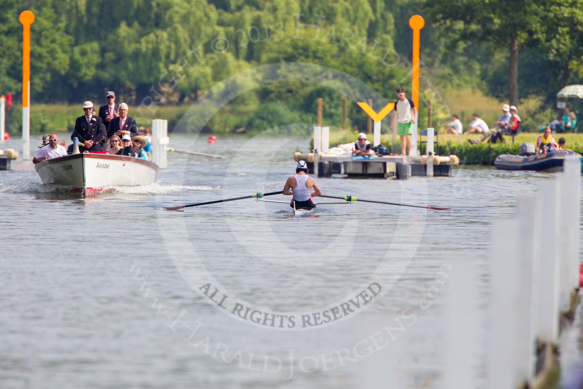 Henley Royal Regatta 2013, Saturday: Race No. 4 for the Princess Royal Challenge Cup, Miroslava Knapková (V.K. Slavia Praha, Czech Republic) v Debbie Flood, Captain of Leander Club (seen here). Image #122, 06 July 2013 10:30 River Thames, Henley on Thames, UK