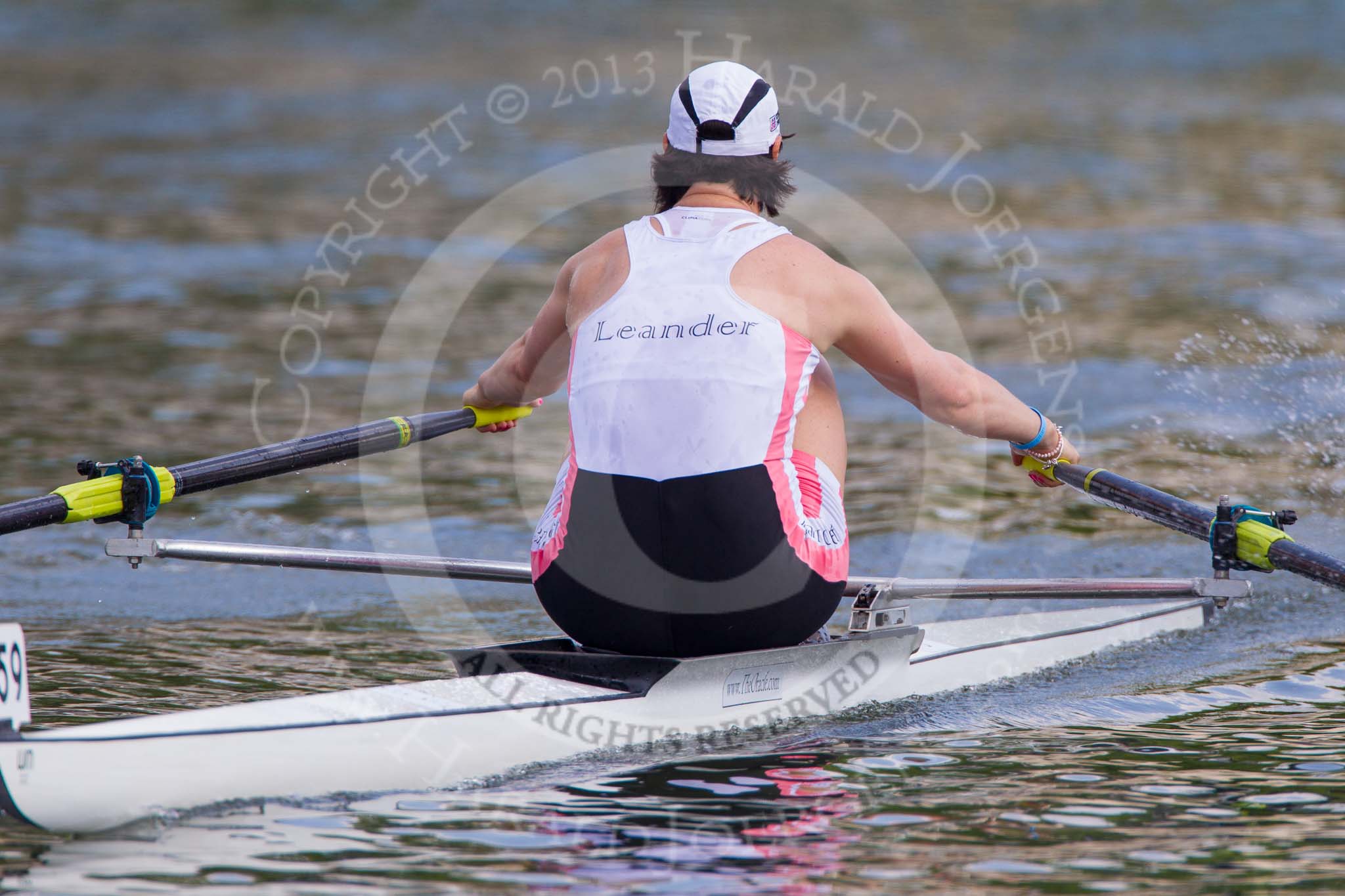 Henley Royal Regatta 2013, Saturday: Race No. 4 for the Princess Royal Challenge Cup, Miroslava Knapková (V.K. Slavia Praha, Czech Republic) v Debbie Flood, Captain of Leander Club (seen here). Image #126, 06 July 2013 10:31 River Thames, Henley on Thames, UK