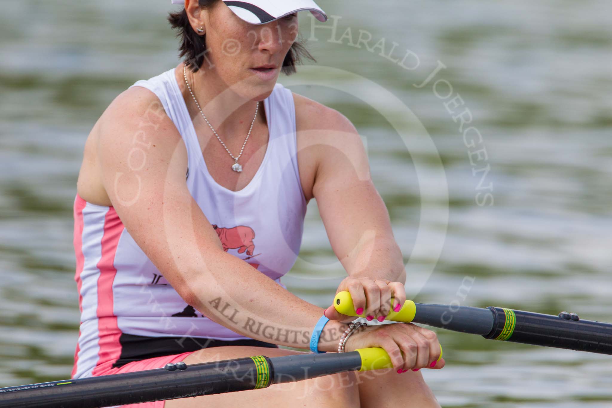 Henley Royal Regatta 2013, Saturday: Race No. 4 for the Princess Royal Challenge Cup, Miroslava Knapková (V.K. Slavia Praha, Czech Republic) v Debbie Flood, Captain of Leander Club (seen here). Image #129, 06 July 2013 10:31 River Thames, Henley on Thames, UK