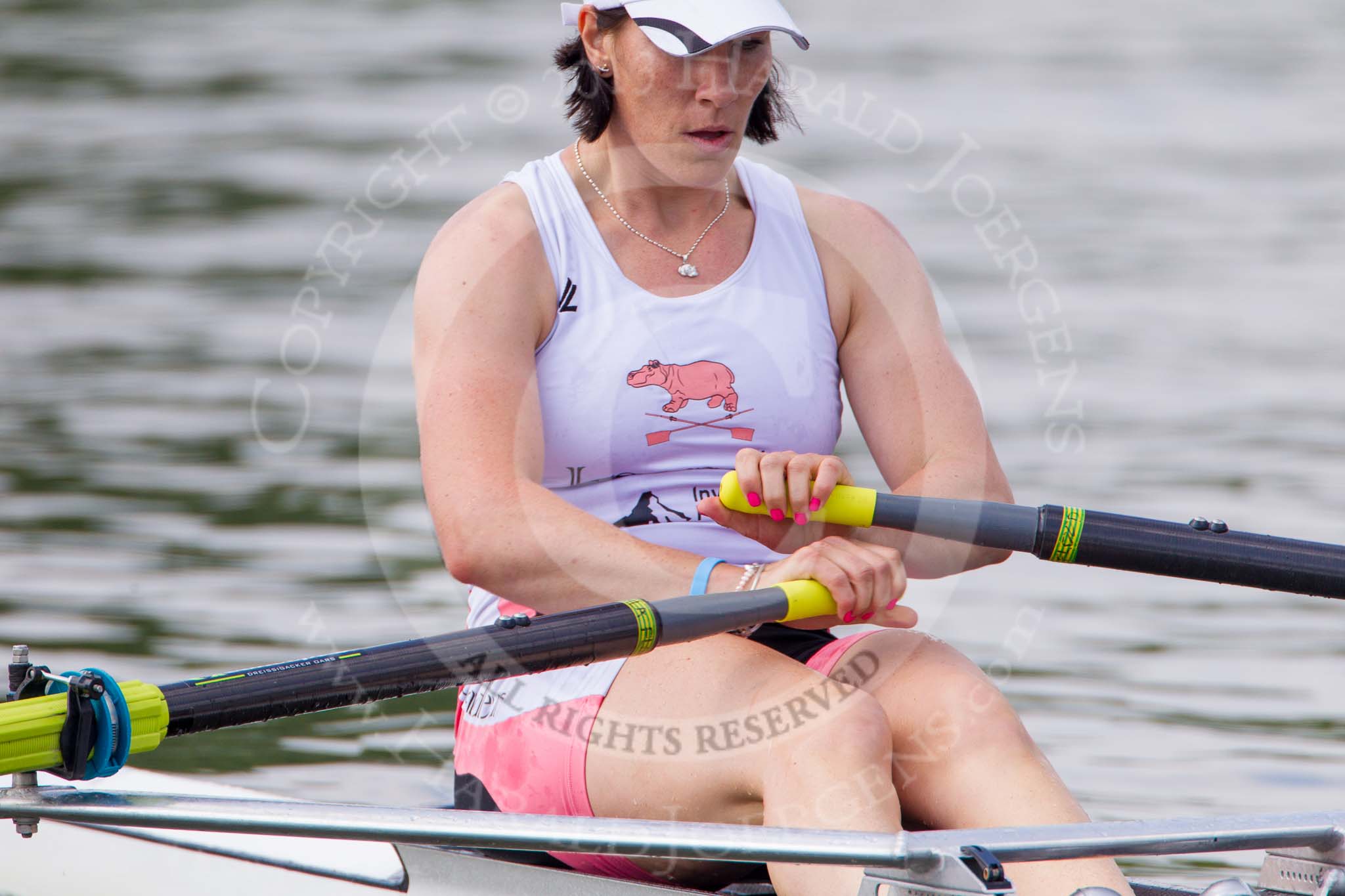 Henley Royal Regatta 2013, Saturday: Race No. 4 for the Princess Royal Challenge Cup, Miroslava Knapková (V.K. Slavia Praha, Czech Republic) v Debbie Flood, Captain of Leander Club (seen here). Image #130, 06 July 2013 10:31 River Thames, Henley on Thames, UK