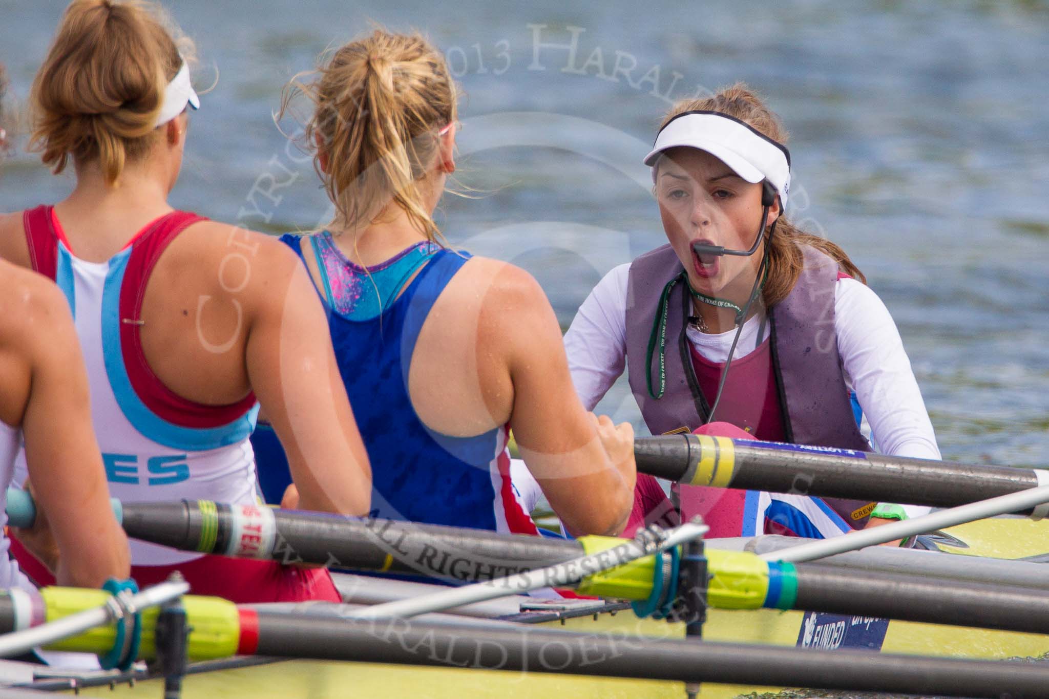 Henley Royal Regatta 2013, Saturday: Race No. 4 for the Remenham Challenge Cup, Molesey Boat Club v Tees Rowing Club and Agecroft Rowing Club, here with the focus on cox M. E. Baynham-Williams. Image #140, 06 July 2013 10:42 River Thames, Henley on Thames, UK