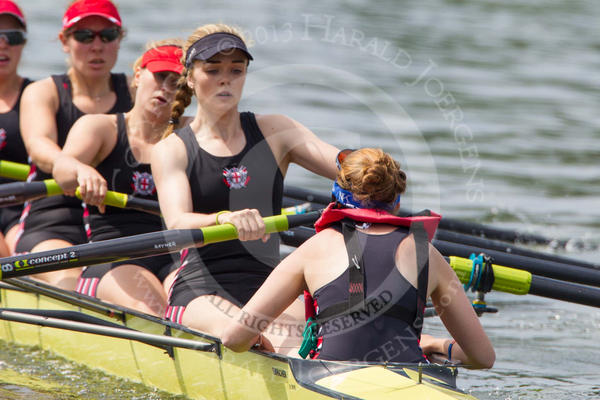 Henley Royal Regatta 2013, Saturday: Race No. 10 for the Remenham Challenge Cup, Leander Club and Oxford Brookes University v Thames Rowing Club, here cox E. H. B. Searle. Image #205, 06 July 2013 11:32 River Thames, Henley on Thames, UK