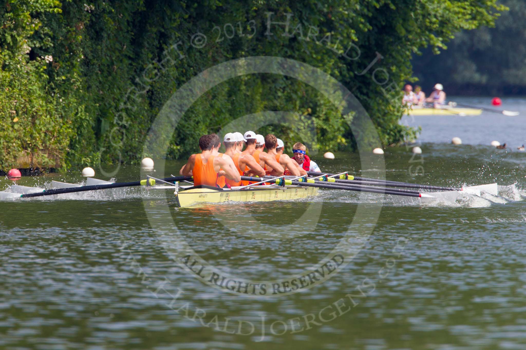 Henley Royal Regatta 2013, Saturday: Race No. 12 for the Temple Challenge Cup, St. Petersburg University, Russia (orage), v Delftsche Studenten Roeivereeninging Laga, Holland (red). Image #245, 06 July 2013 11:51 River Thames, Henley on Thames, UK