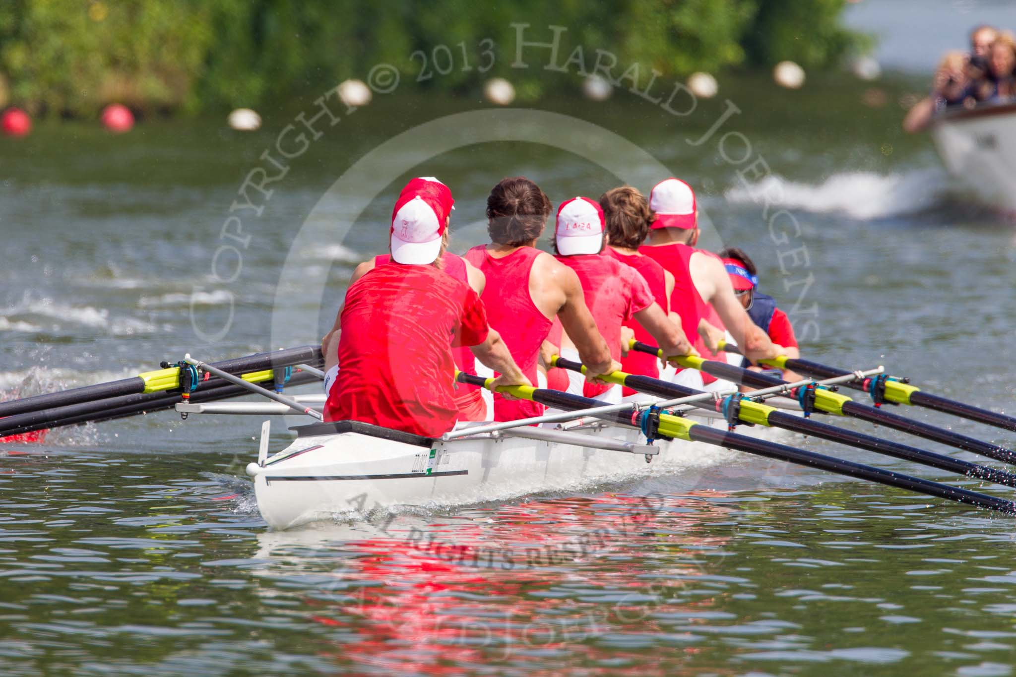 Henley Royal Regatta 2013, Saturday: Race No. 12 for the Temple Challenge Cup, St. Petersburg University, Russia (orage), v Delftsche Studenten Roeivereeninging Laga, Holland (red). Image #247, 06 July 2013 11:51 River Thames, Henley on Thames, UK