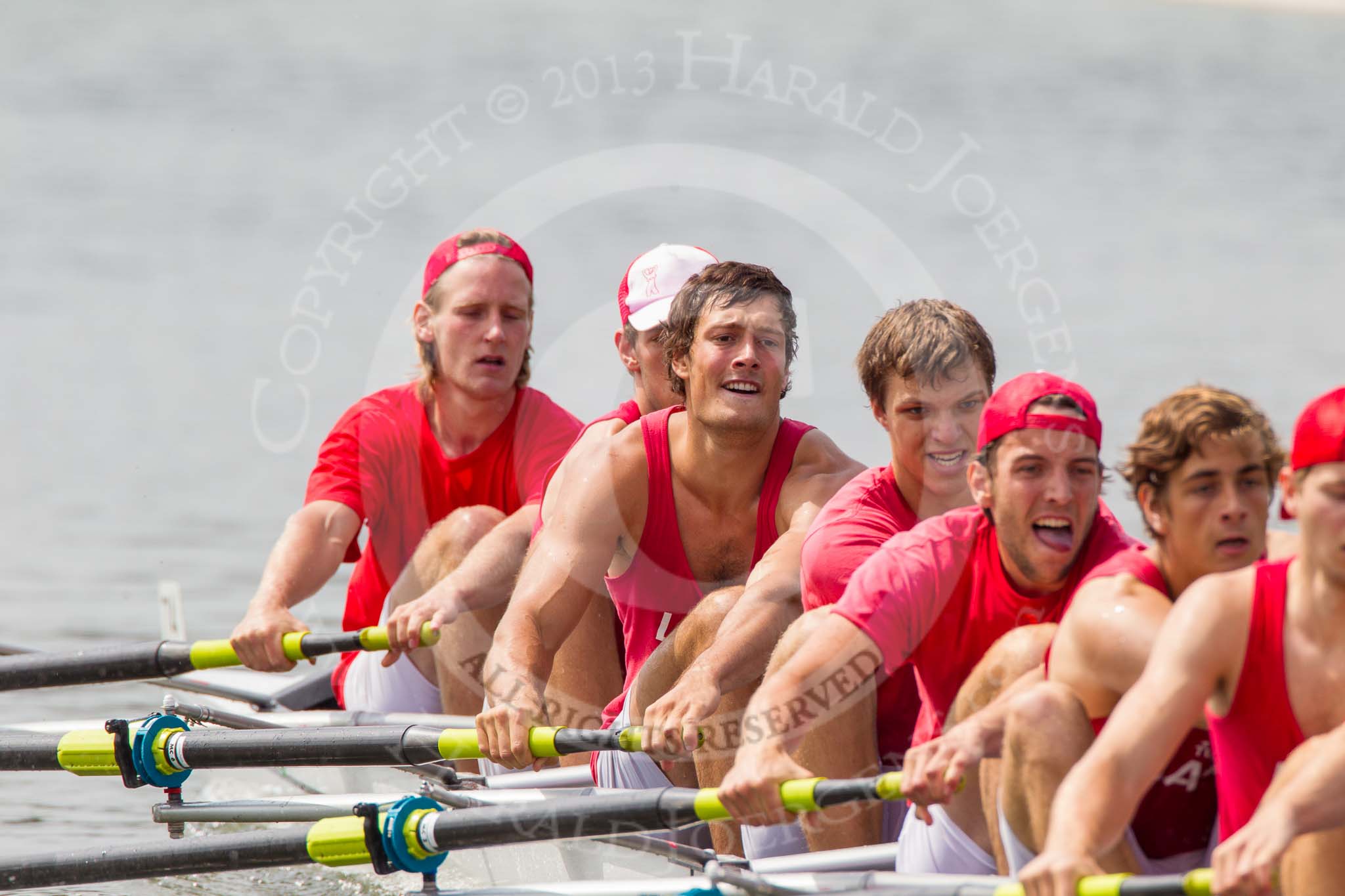 Henley Royal Regatta 2013, Saturday: Race No. 12 for the Temple Challenge Cup, St. Petersburg University, Russia (orage), v Delftsche Studenten Roeivereeninging Laga, Holland (red). Image #252, 06 July 2013 11:52 River Thames, Henley on Thames, UK