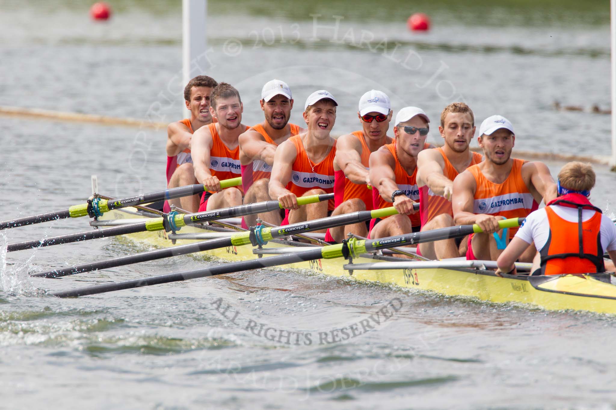 Henley Royal Regatta 2013, Saturday: Race No. 12 for the Temple Challenge Cup, St. Petersburg University, Russia (orage), v Delftsche Studenten Roeivereeninging Laga, Holland (red). Image #255, 06 July 2013 11:52 River Thames, Henley on Thames, UK