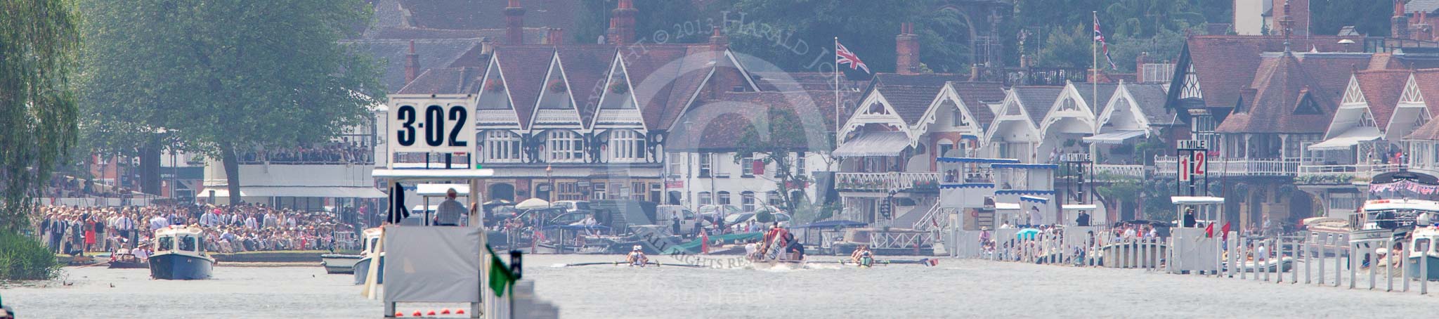 Henley Royal Regatta 2013, Saturday: Looking down towards the finish of the race course, on the left the Stewards' Enclosure. Image #287, 06 July 2013 12:15 River Thames, Henley on Thames, UK