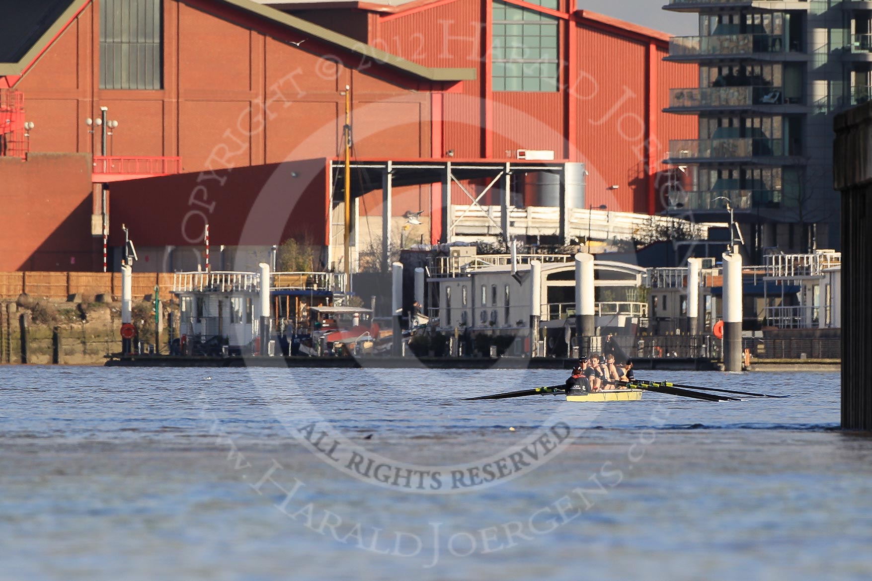 The Boat Race season 2012 - fixture OUBC vs German U23: The OUBC Blue Boat, getting ready for the start of the first race, East of Putney Bridge..
River Thames between Putney and Mortlake,
London,

United Kingdom,
on 26 February 2012 at 15:19, image #26