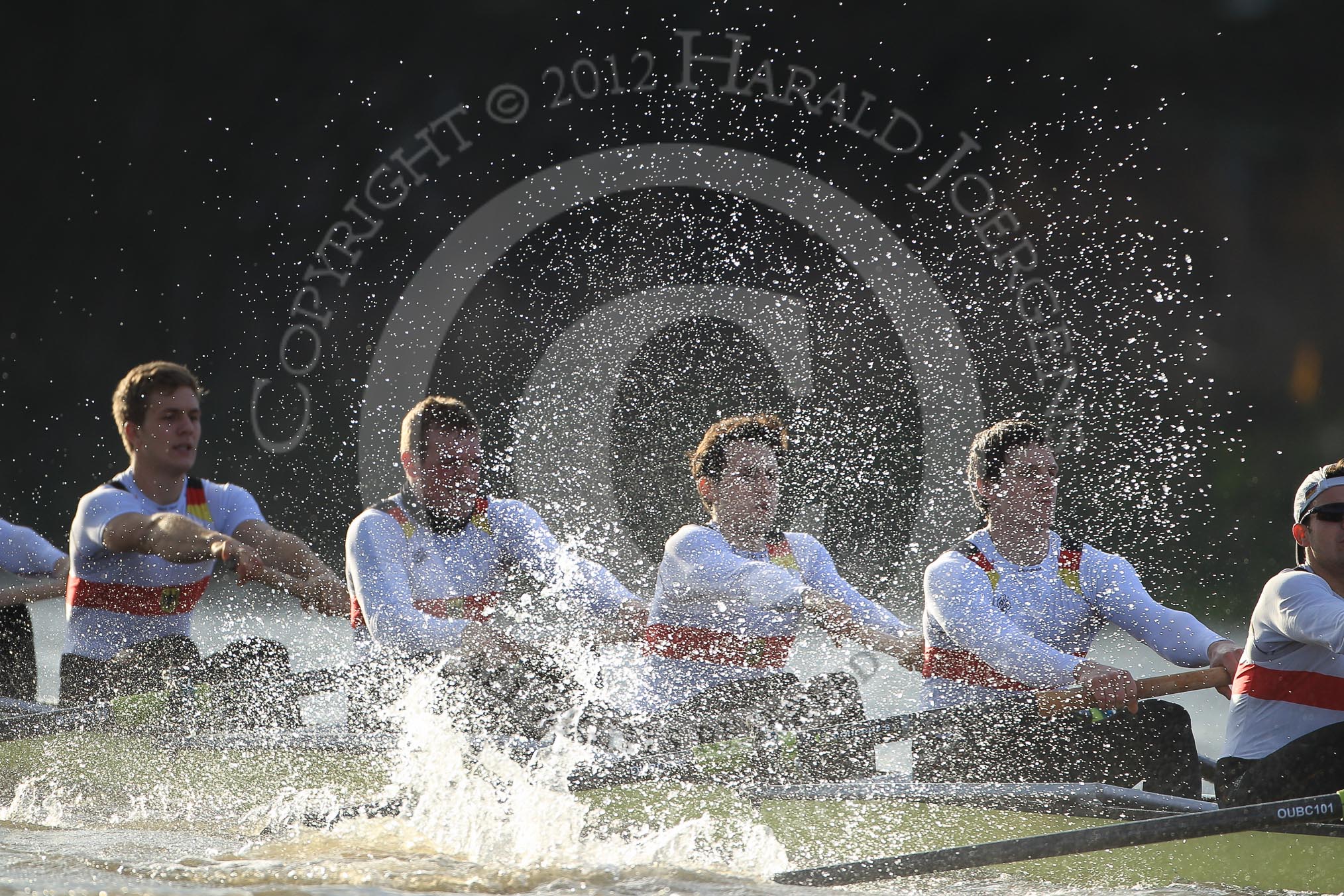 The Boat Race season 2012 - fixture OUBC vs German U23: Approaching the finish line of the second race, the German U23 boat, from left to right Rene Stüven, Robin Ponte, Alexander Thierfelder, Malte Jakschik, and Maximilian Planer..
River Thames between Putney and Mortlake,
London,

United Kingdom,
on 26 February 2012 at 15:47, image #93