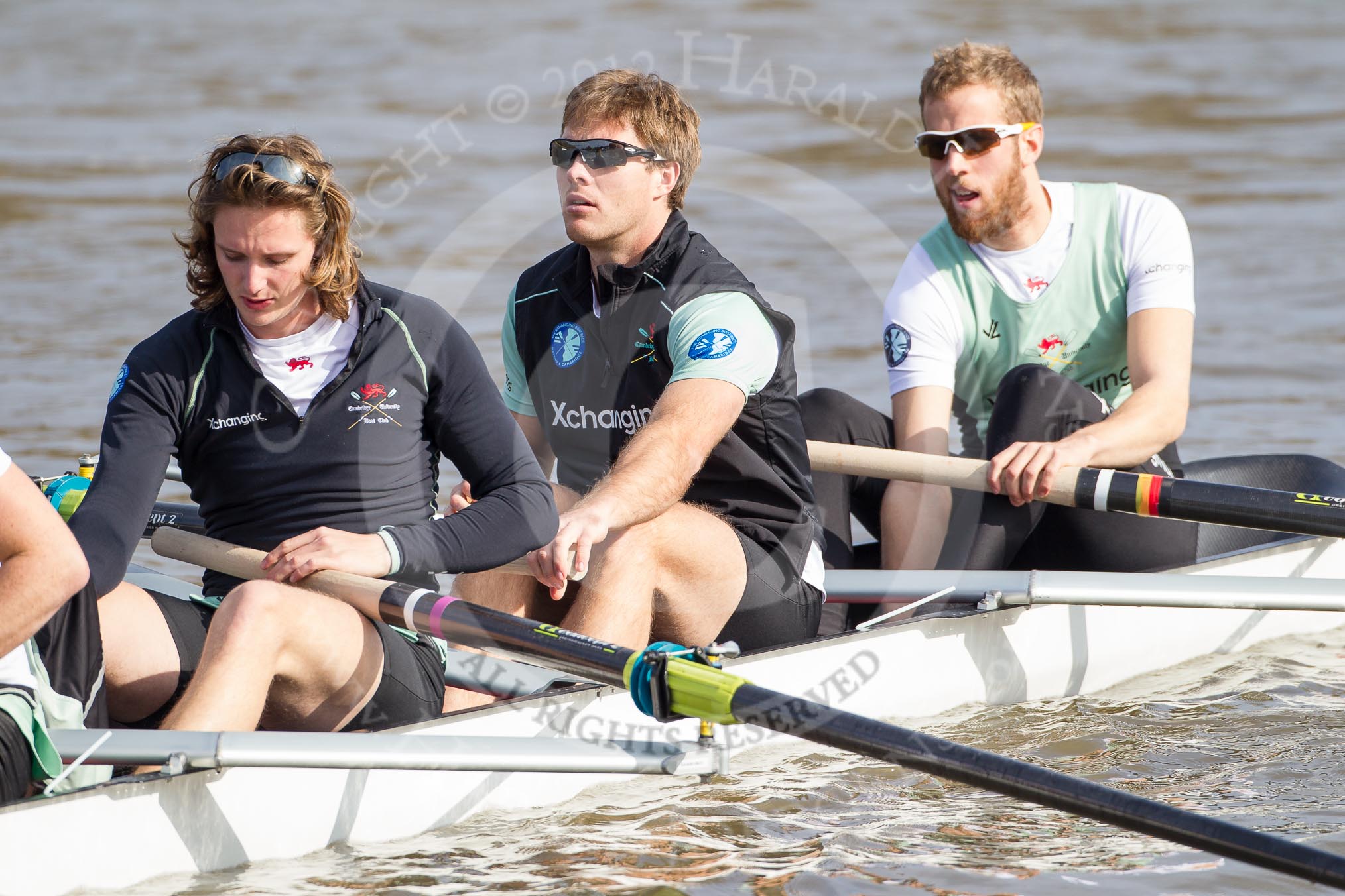 The Boat Race season 2012 - fixture CUBC vs Leander: CUBC Blue Boat: Mike Thorp, David Nelson, and bow Moritz Schramm..
River Thames between Putney and Molesey,
London,
Greater London,
United Kingdom,
on 10 March 2012 at 13:27, image #25