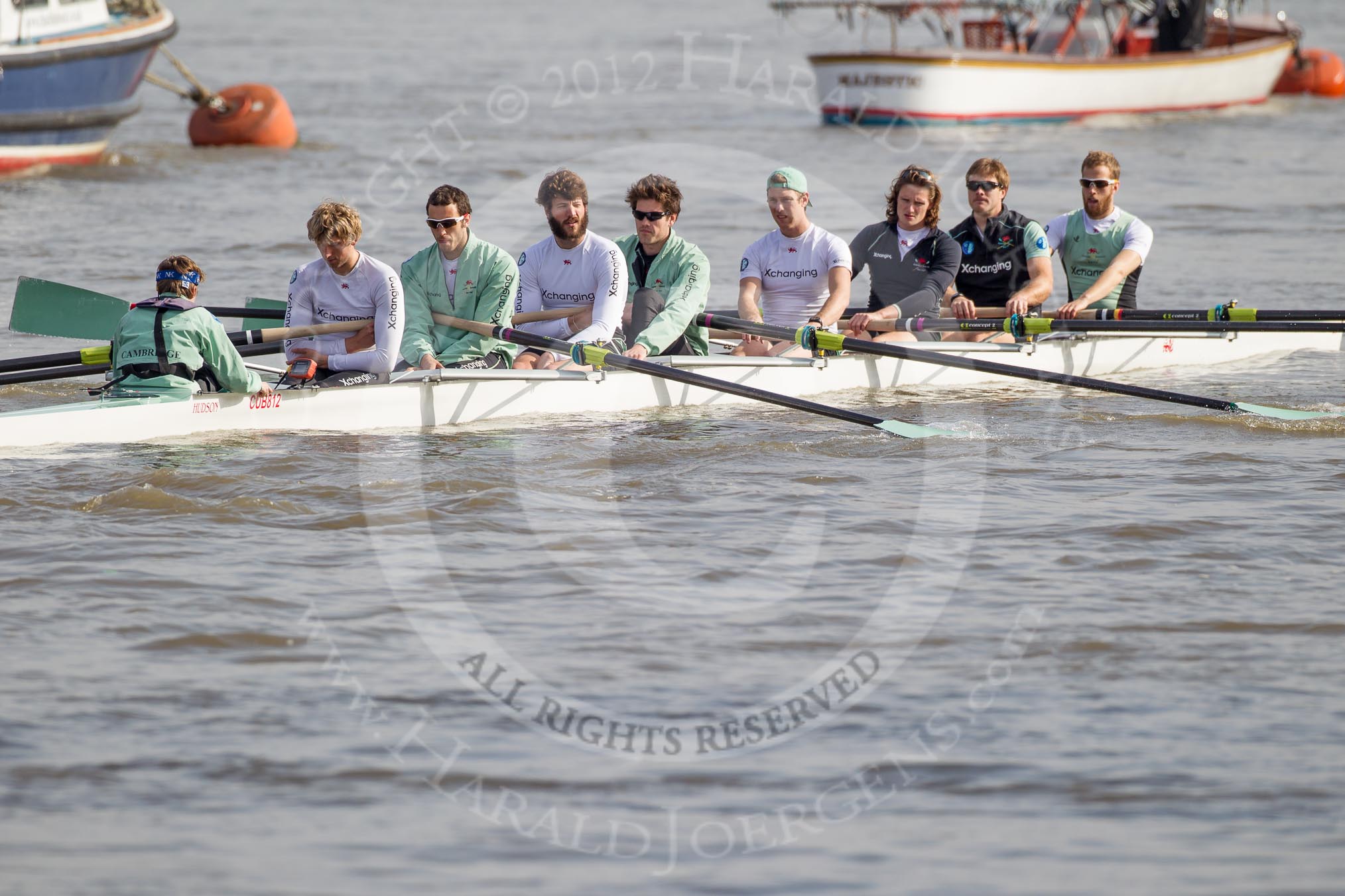 The Boat Race season 2012 - fixture CUBC vs Leander: CUBC Blue Boat: Cox Ed Bosson, stroke Niles Garratt, Alex Ross, Steve Dudek, Alexander Scharp, Jack Lindeman, Mike Thorp, David Nelson, bow Moritz Schramm..
River Thames between Putney and Molesey,
London,
Greater London,
United Kingdom,
on 10 March 2012 at 13:29, image #30