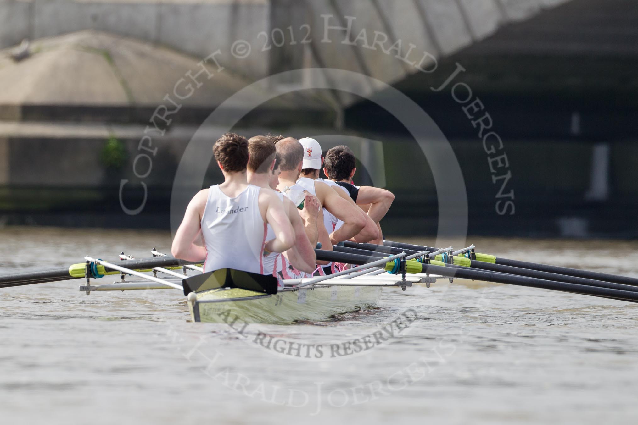 The Boat Race season 2012 - fixture CUBC vs Leander: The Leander Club Eight preparing for the start of the race at Putney Bridge..
River Thames between Putney and Molesey,
London,
Greater London,
United Kingdom,
on 10 March 2012 at 14:09, image #80