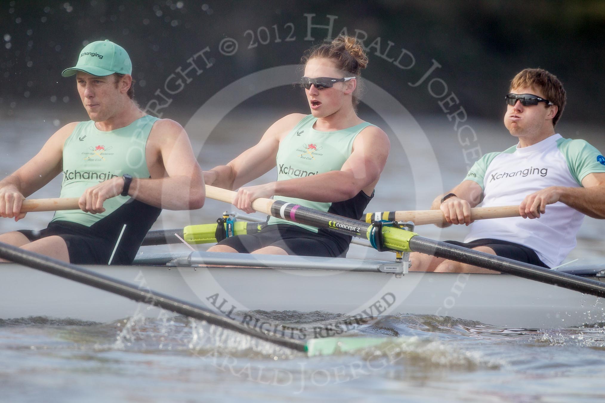 The Boat Race season 2012 - fixture CUBC vs Leander: CUBC Blue Boat: Jack Lindeman, Mike Thorp, and David Nelson..
River Thames between Putney and Molesey,
London,
Greater London,
United Kingdom,
on 10 March 2012 at 14:15, image #116