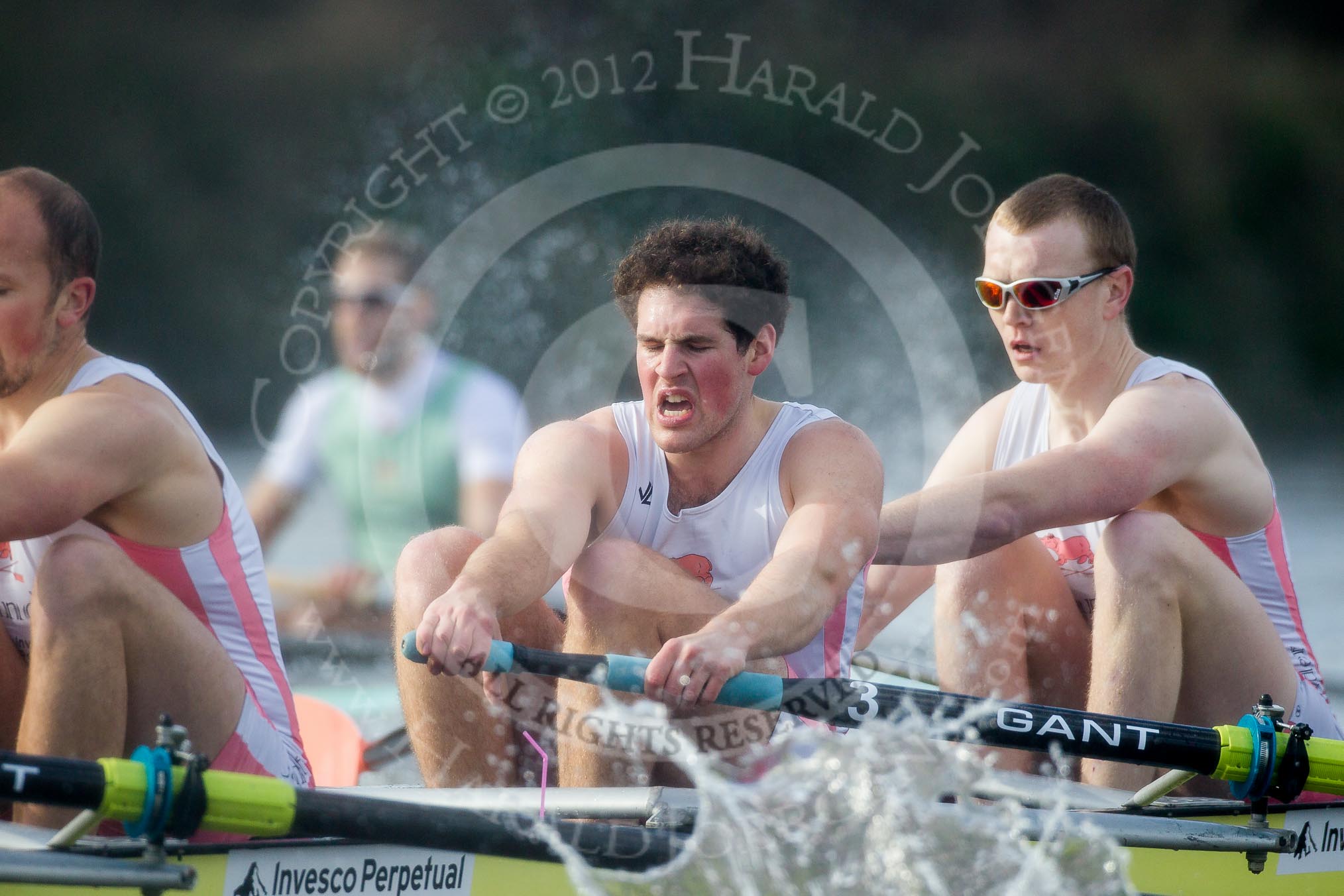 The Boat Race season 2012 - fixture CUBC vs Leander: The Leander Club Eight:  Close-up of Will Gray and Sam Whittaker, behind them the leading Cambridge Eight..
River Thames between Putney and Molesey,
London,
Greater London,
United Kingdom,
on 10 March 2012 at 14:18, image #137