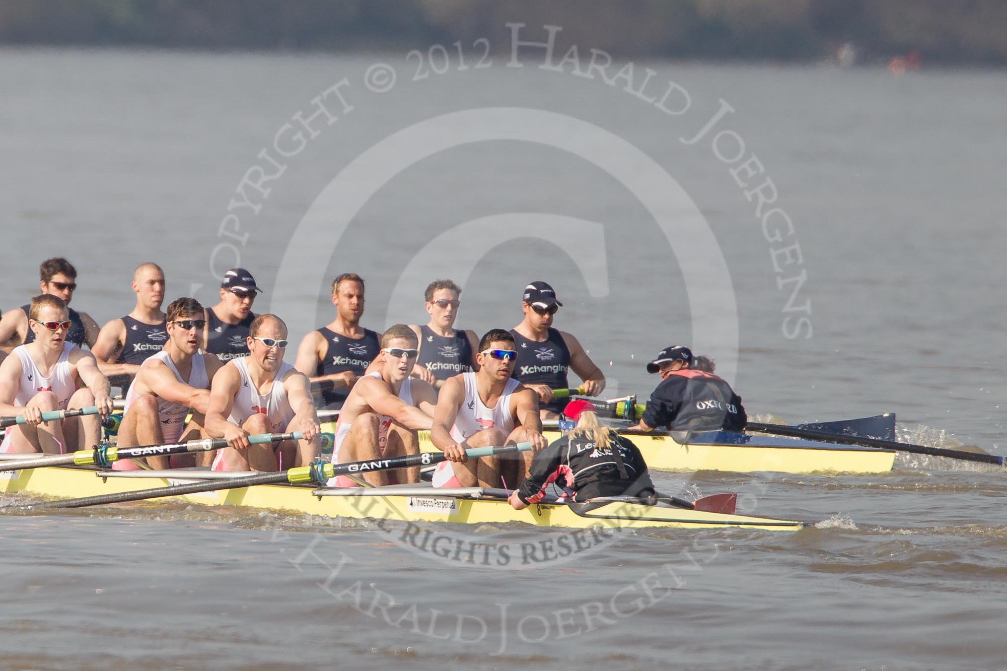 The Boat Race season 2012 - fixture OUBC vs Leander: OUBC Blue Boat in the lead - 2 William Zeng, 3 Kevin Baum, 4 Alexander Davidson, 5 Karl Hudspith, 6 Dr. Hanno Wienhausen, 7 Dan Harvey, stroke Roel Haen, cox Zoe de Toledo, in the Leander boat bow Nathan Hillyer, Chris Friend, Will Gray, Sam Whittaker, Tom Clark, John Clay, Cameron MacRitchie, stroke Vasillis Ragoussis, and cox Katie Klavenes..




on 24 March 2012 at 14:30, image #125