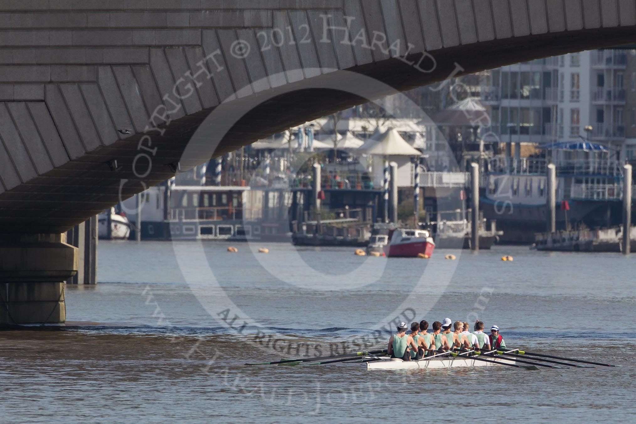 The Boat Race season 2012 - fixture CUBC vs Molesey BC: The CUBC reserve boat Goldie getting ready to fight Imperial BC in the first fixture of the day - bow Josh Pendry, Rowan Lawson, Peter Dewhurst, Tom Havorth, Hank Moore, Joel Jennings, Philip Williams, stroke Felix Wood, and cox Sarah Smart below Putney Bridge..




on 25 March 2012 at 14:45, image #35