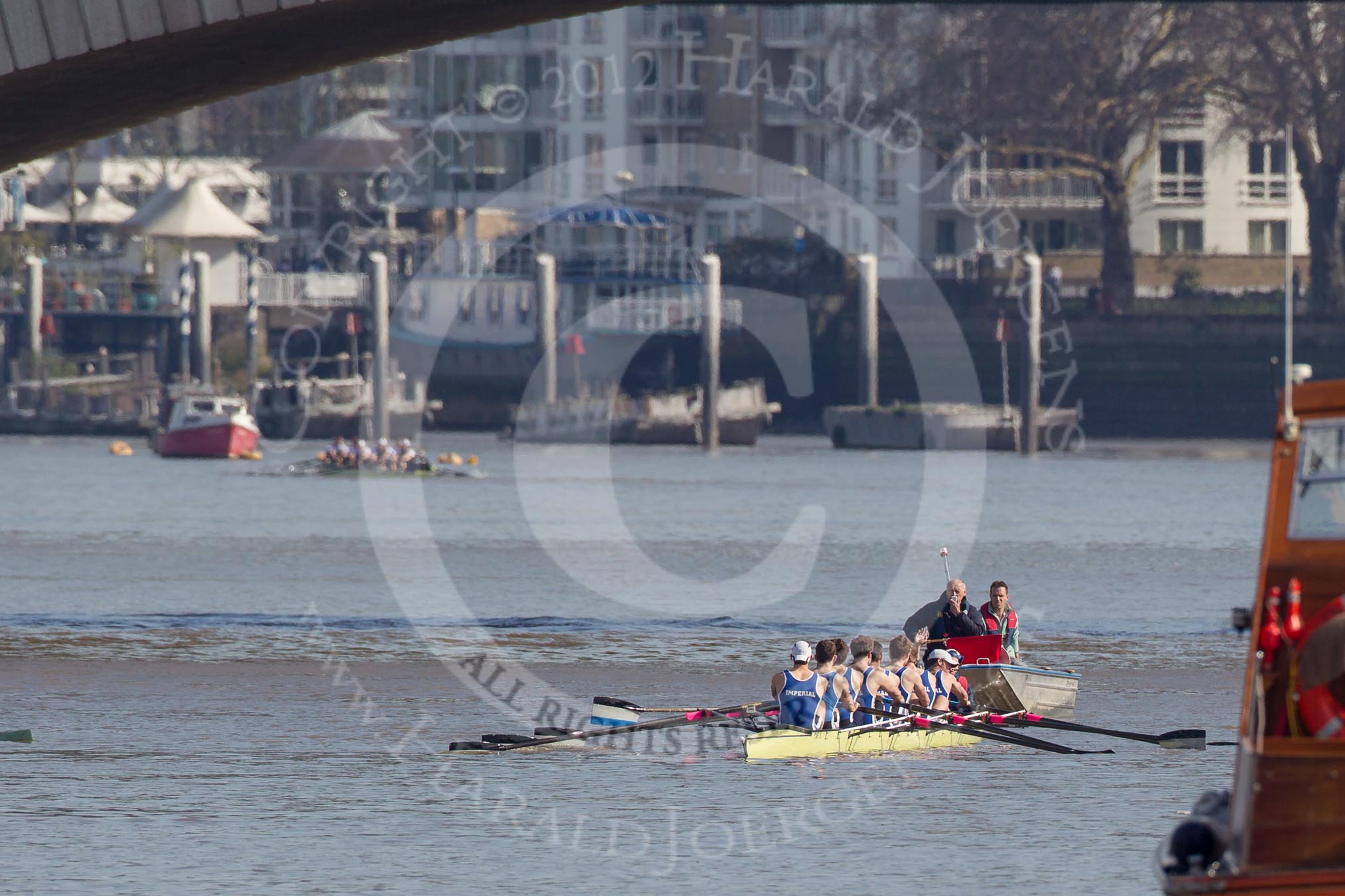 The Boat Race season 2012 - fixture CUBC vs Molesey BC: The Imperial BC Eight getting ready to race CUBC's Goldie - bow Alex Gillies, Adam Seward, Leo Carrington, David Whiffin, Jonathan Davies, Tom Fielder, Josh Butler, stroke Mark Patterson, and cox Henry Fieldman..




on 25 March 2012 at 14:45, image #36