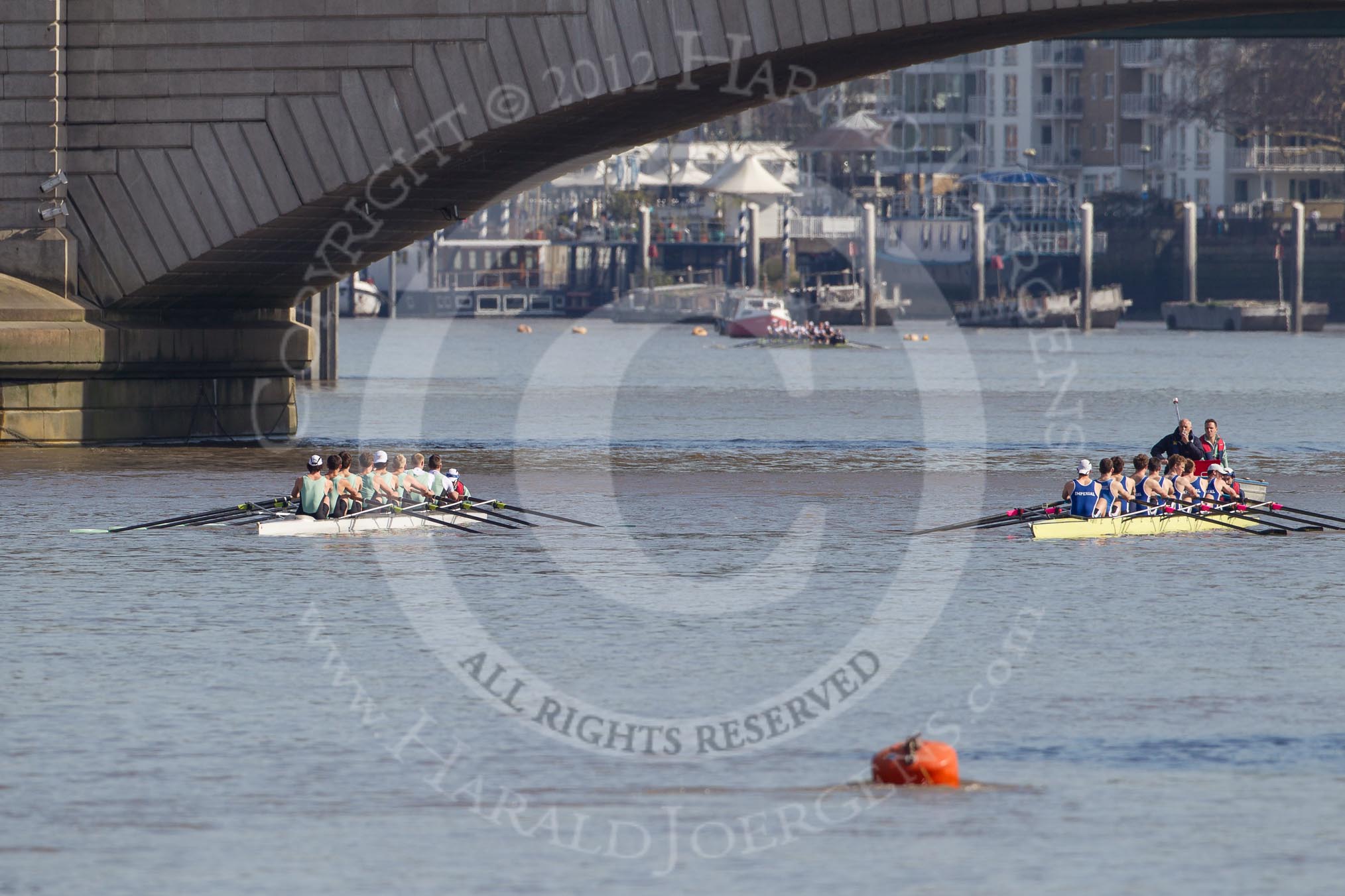 The Boat Race season 2012 - fixture CUBC vs Molesey BC: CUBC's reserve boat Goldie, on the left, about to race Imperial BC in the first fixture of the day..




on 25 March 2012 at 14:46, image #37