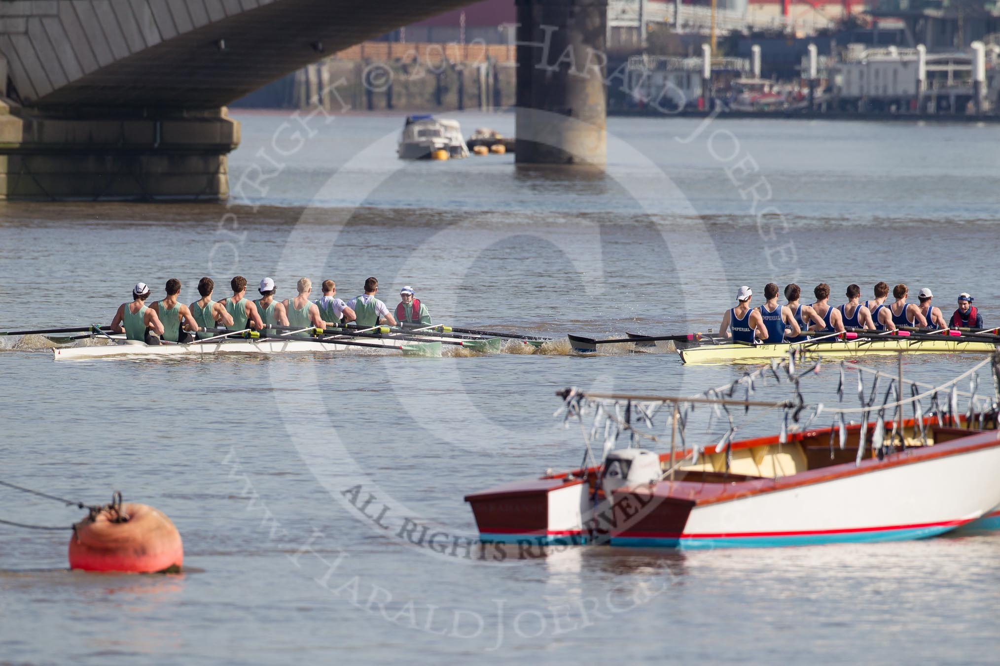 The Boat Race season 2012 - fixture CUBC vs Molesey BC: CUBC's reserve boat Goldie, on the left, at the start of the race against Imperial BC in the first fixture of the day. Goldie: bow Josh Pendry, Rowan Lawson, Peter Dewhurst, Tom Havorth, Hank Moore, Joel Jennings, Philip Williams, stroke Felix Wood, cox Sarah Smart, Imperial: bow Alex Gillies, Adam Seward, Leo Carrington, David Whiffin, Jonathan Davies, Tom Fielder, Josh Butler, stroke Mark Patterson, and cox Henry Fieldman..




on 25 March 2012 at 14:46, image #39