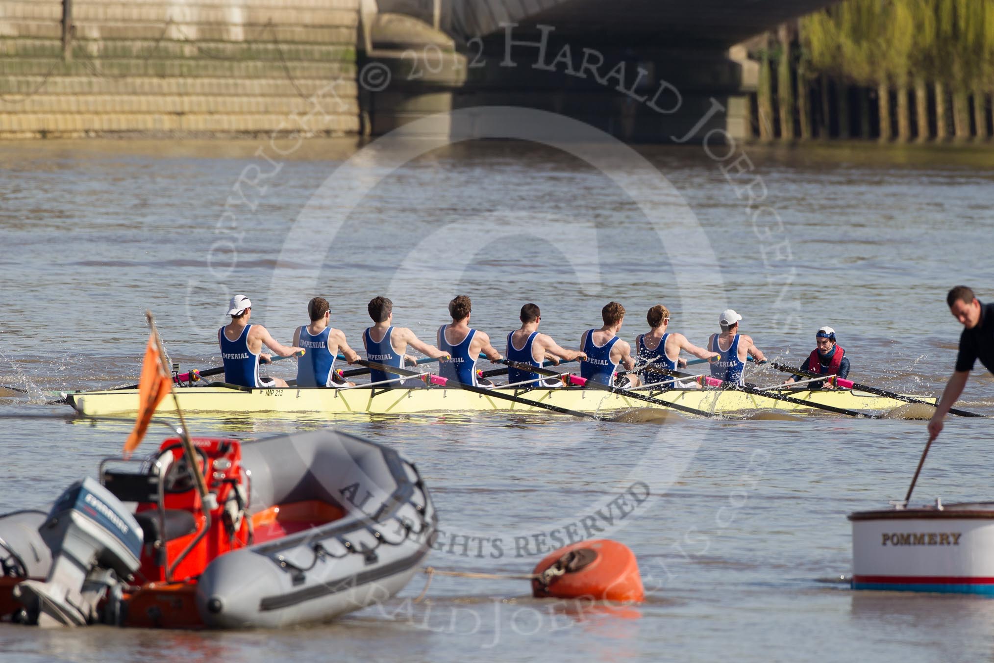 The Boat Race season 2012 - fixture CUBC vs Molesey BC: Imperianl BC right after the start of the fixture against CUBC's Goldie: Bow Alex Gillies, Adam Seward, Leo Carrington, David Whiffin, Jonathan Davies, Tom Fielder, Josh Butler, stroke Mark Patterson, and cox Henry Fieldman..




on 25 March 2012 at 14:46, image #42