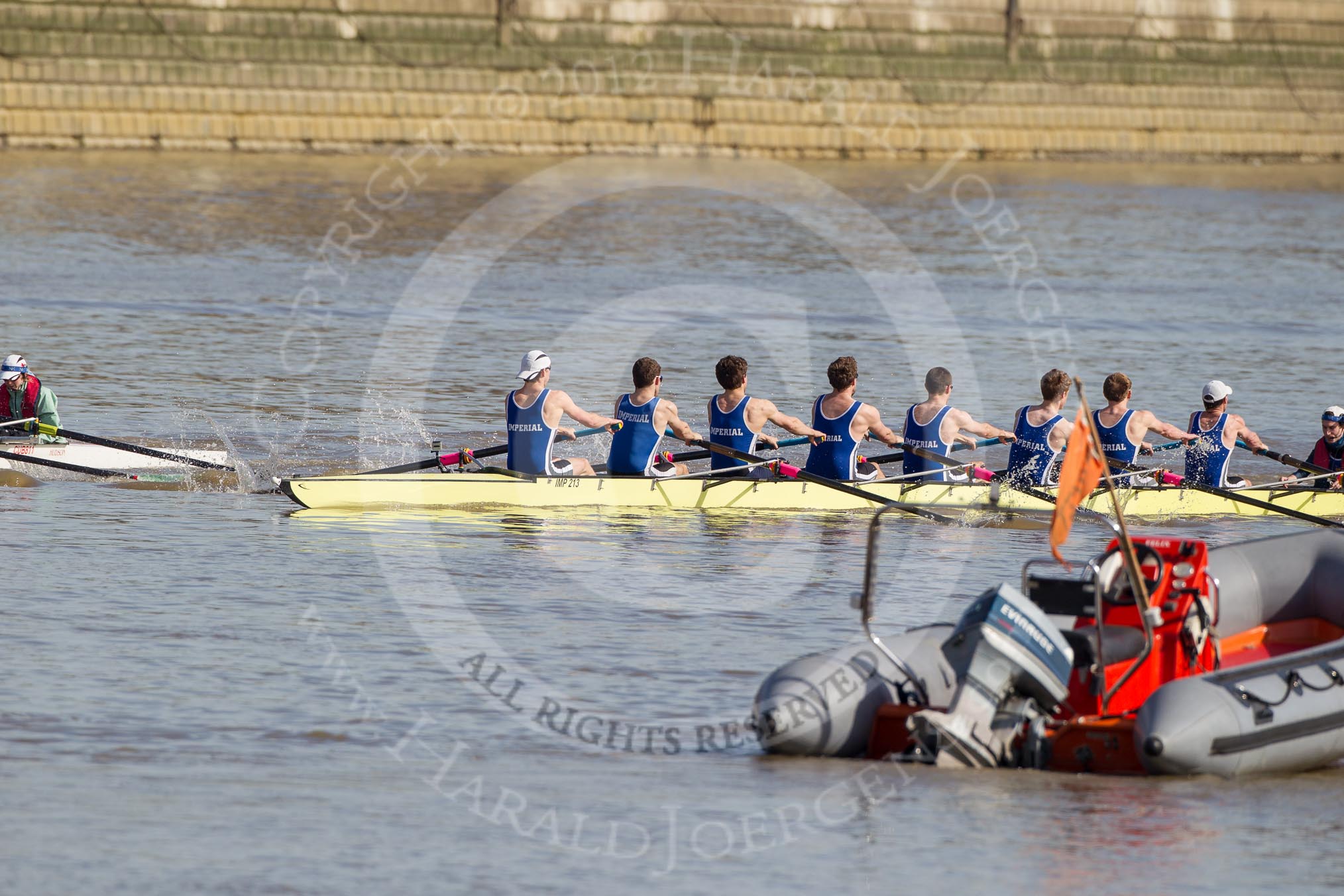 The Boat Race season 2012 - fixture CUBC vs Molesey BC: Imperianl BC right after the start of the fixture against CUBC's Goldie (on the very left, with cox Sarah Smart) : Bow Alex Gillies, Adam Seward, Leo Carrington, David Whiffin, Jonathan Davies, Tom Fielder, Josh Butler, stroke Mark Patterson, and cox Henry Fieldman..




on 25 March 2012 at 14:46, image #43