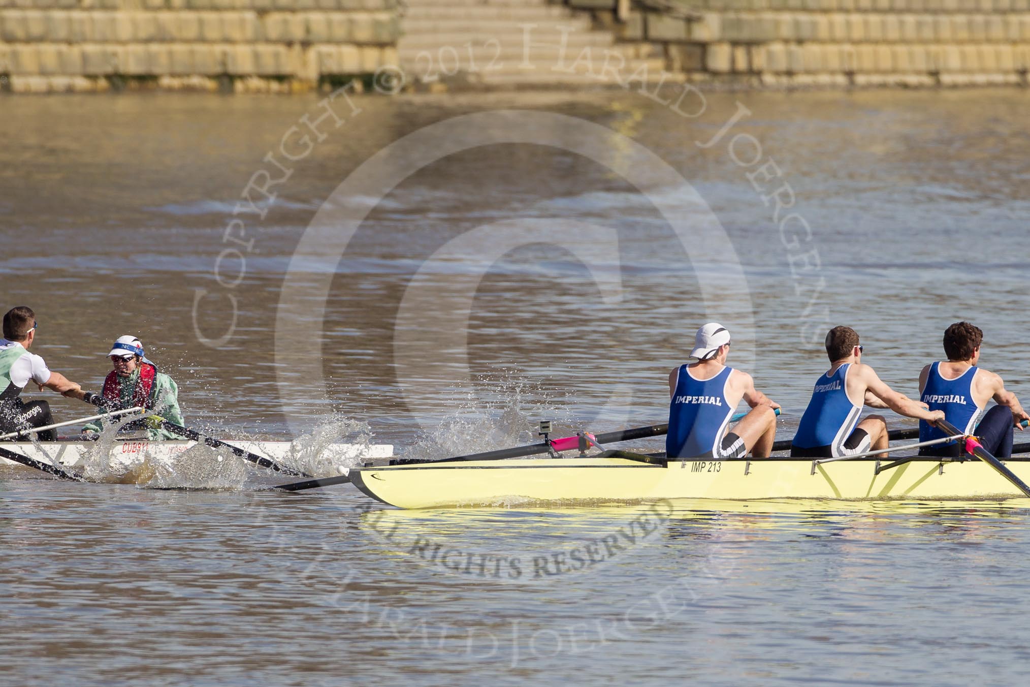 The Boat Race season 2012 - fixture CUBC vs Molesey BC: The Cambridge reserve boat Goldie racing Imperial BC: Stroke Felix Wood and cox Sarah Smart in Goldie, bow Alex Gillies, Adam Seward, and Leo Carrington in the Imperial Eight..




on 25 March 2012 at 14:46, image #44