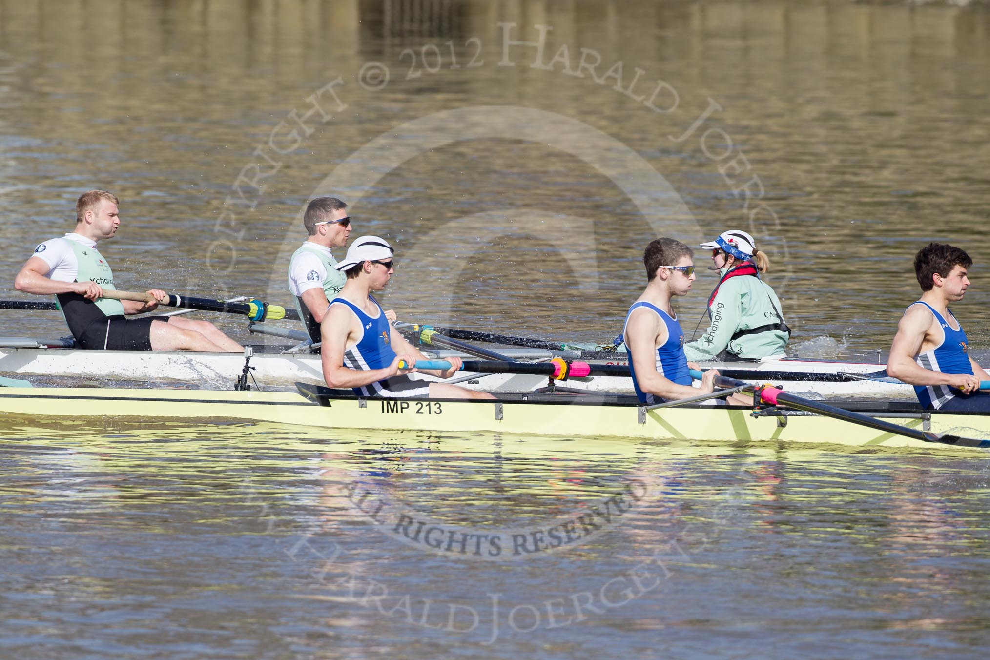 The Boat Race season 2012 - fixture CUBC vs Molesey BC: The Cambridge reserve boat Goldie racing Imperial BC: On the Cambridge side 7 seat Philip Williams, stroke Felix Wood and cox Sarah Smart, in the Imperial boat Alex Gillies, Adam Seward, and Leo Carrington..




on 25 March 2012 at 14:46, image #52