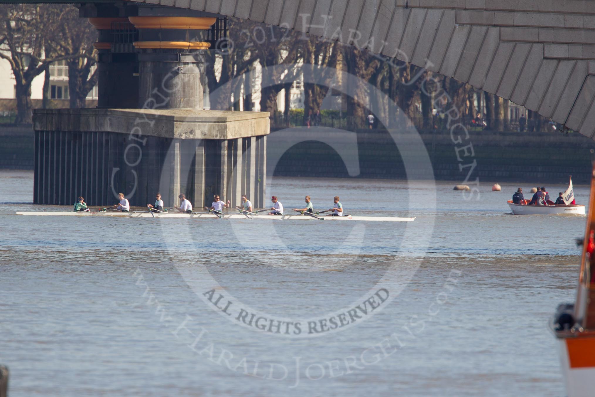 The Boat Race season 2012 - fixture CUBC vs Molesey BC: The CUBC Blue Boat waiting behind Putney Bridge for the start of the fixture against Molesey BC..




on 25 March 2012 at 15:08, image #92