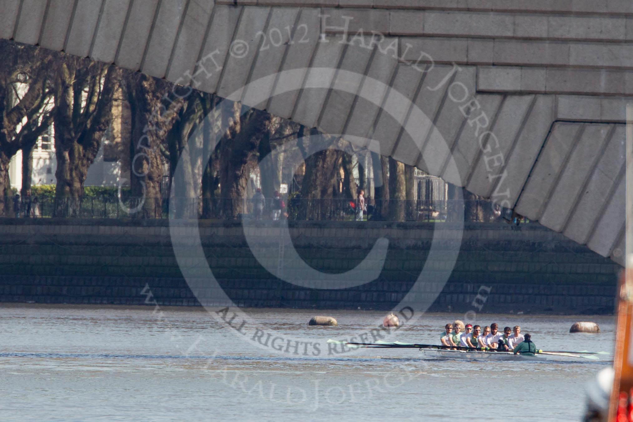 The Boat Race season 2012 - fixture CUBC vs Molesey BC: The CUBC Blue Boat waiting behind Putney Bridge for the start of the fixture against Molesey BC..




on 25 March 2012 at 15:09, image #95