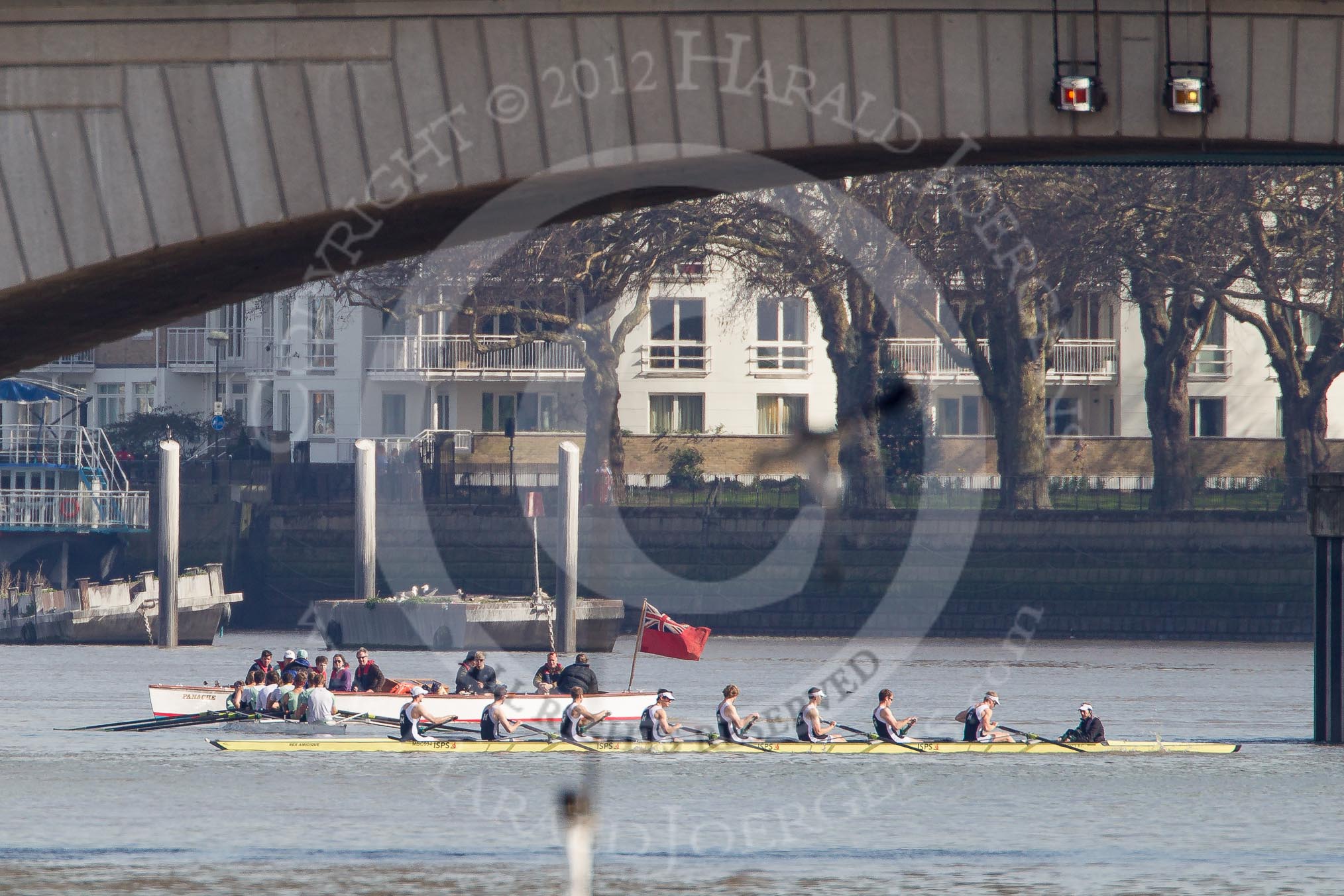 The Boat Race season 2012 - fixture CUBC vs Molesey BC: The CUBC Blue Boat waiting behind Putney Bridge for the start of the fixture against the Molesey Eight (in front)..




on 25 March 2012 at 15:15, image #98