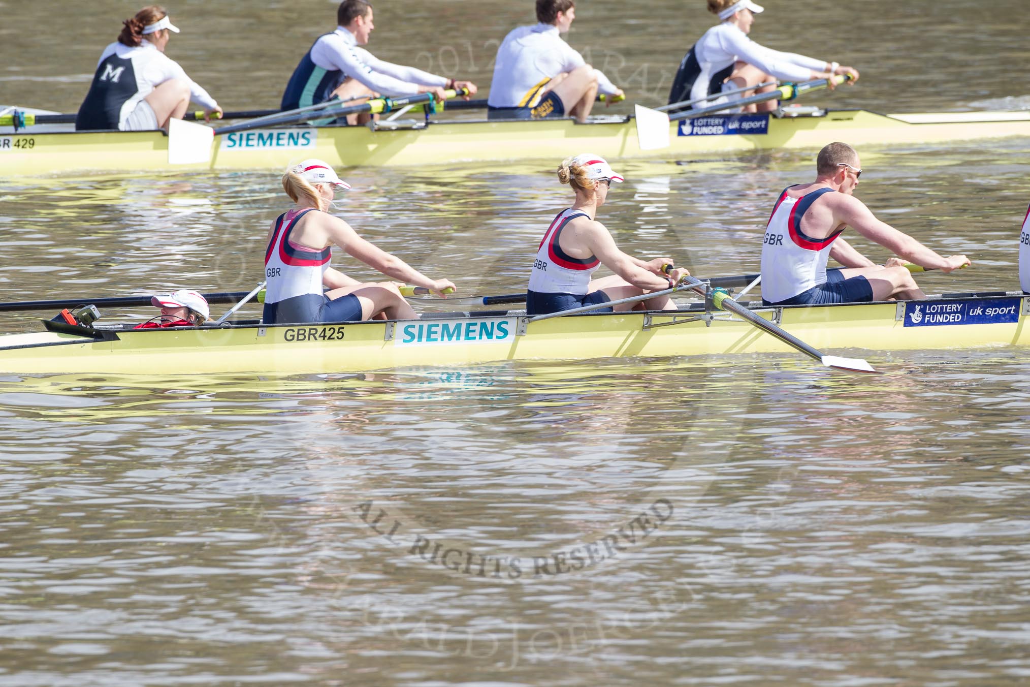 The Boat Race 2012: The Adaptive Race: The Adaptive four, cox Lily van den Broecke, bow Pamela Relph, two Naomi Riches, three David Smith, and stroke James Roe. Behind, in the Start boat, bow Olivia Marshall, two Will King, three Ben Jackson, and stroke Catie Sharrod..




on 07 April 2012 at 12:48, image #75