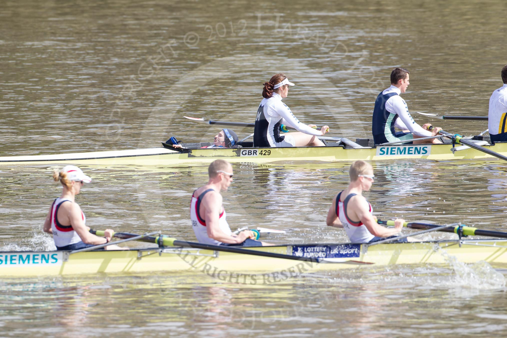 The Boat Race 2012: The Adaptive Race: The Adaptive four, two seat Naomi Riches, three David Smith, and stroke James Roe. Behind, in the Start boat, cox Henry Fieldman, bow Olivia Marshall, two Will King, and three Ben Jackson..




on 07 April 2012 at 12:48, image #78