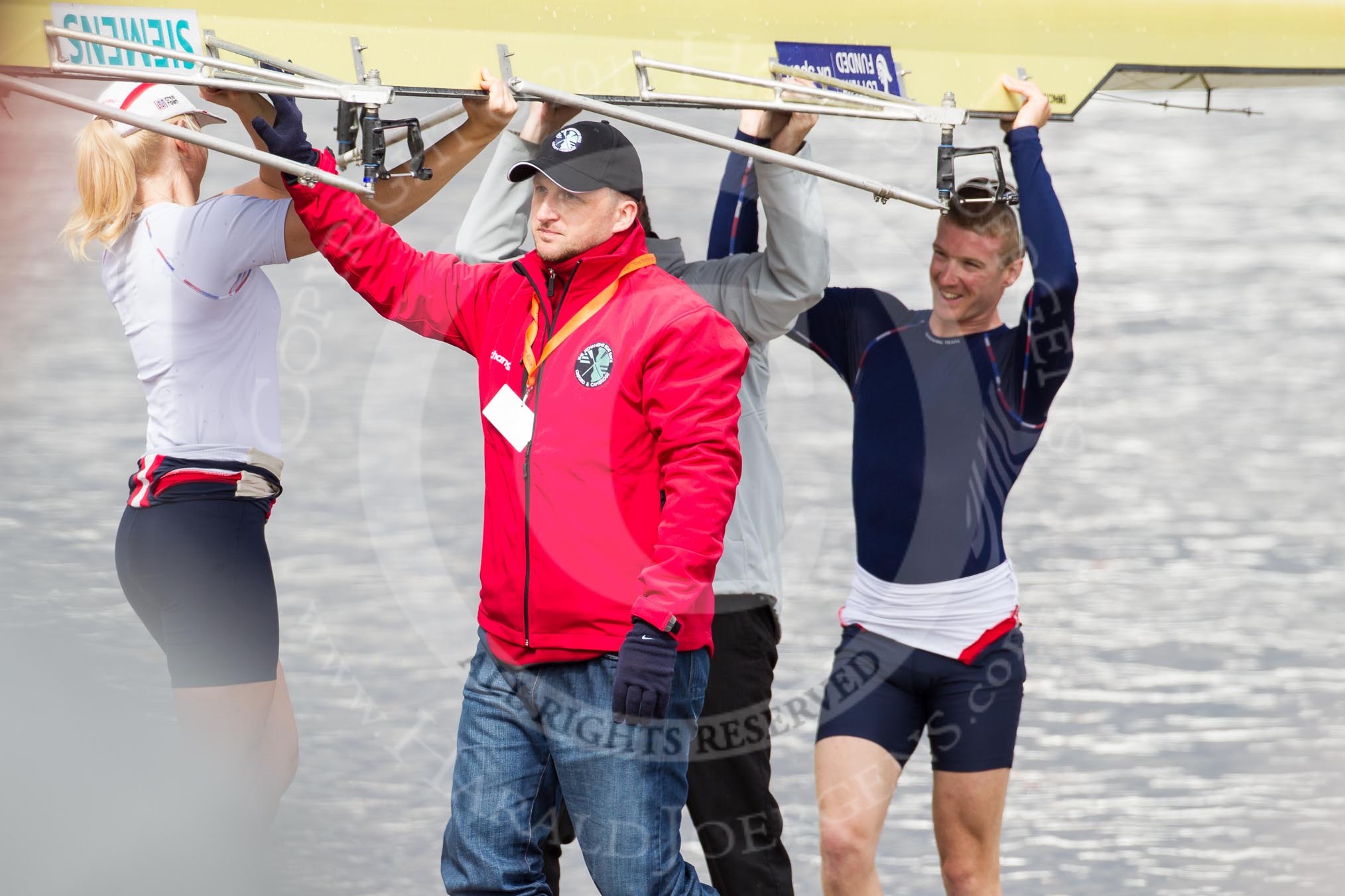 The Boat Race 2012: After the Adaptive Race - the boat used by the adaptive four is lifted out of the Thames. On the left Pamela Relph, on the right James Roe..




on 07 April 2012 at 12:56, image #103